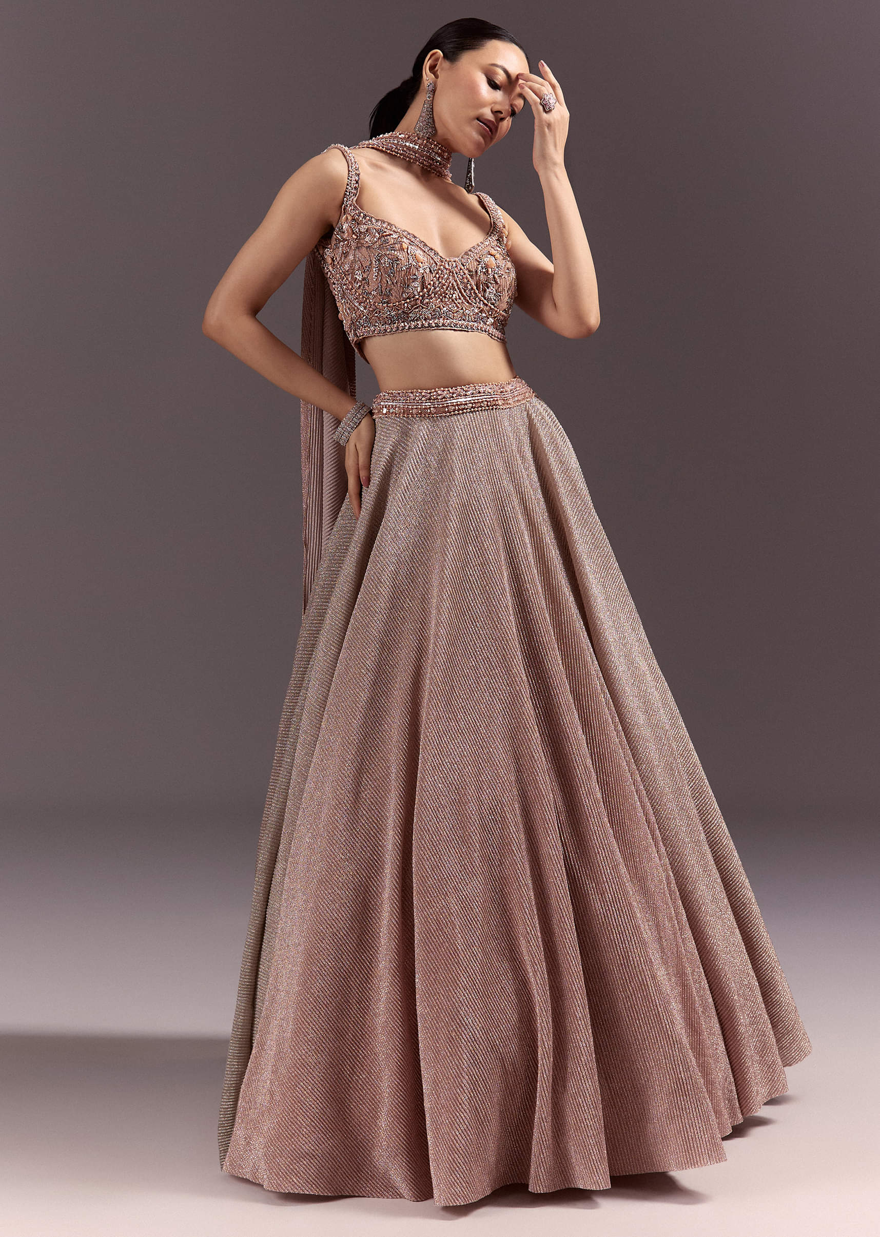 Peach Gold Embroidered Circular Lehenga Dupatta Set - Image 3
