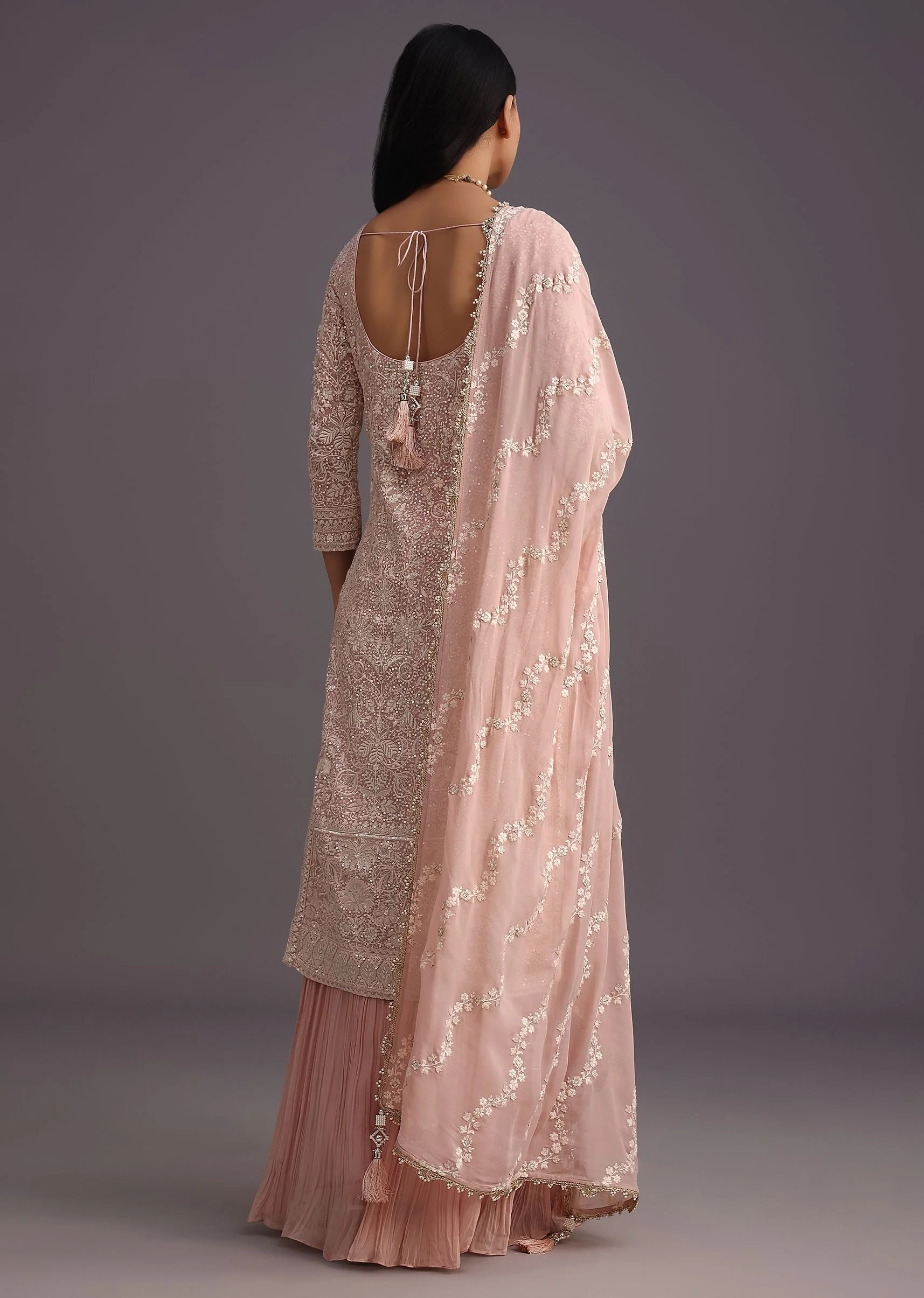 Peach Lucknowi Work Kurta Set With Flared Palazzo And Resham Dupatta - Image 5