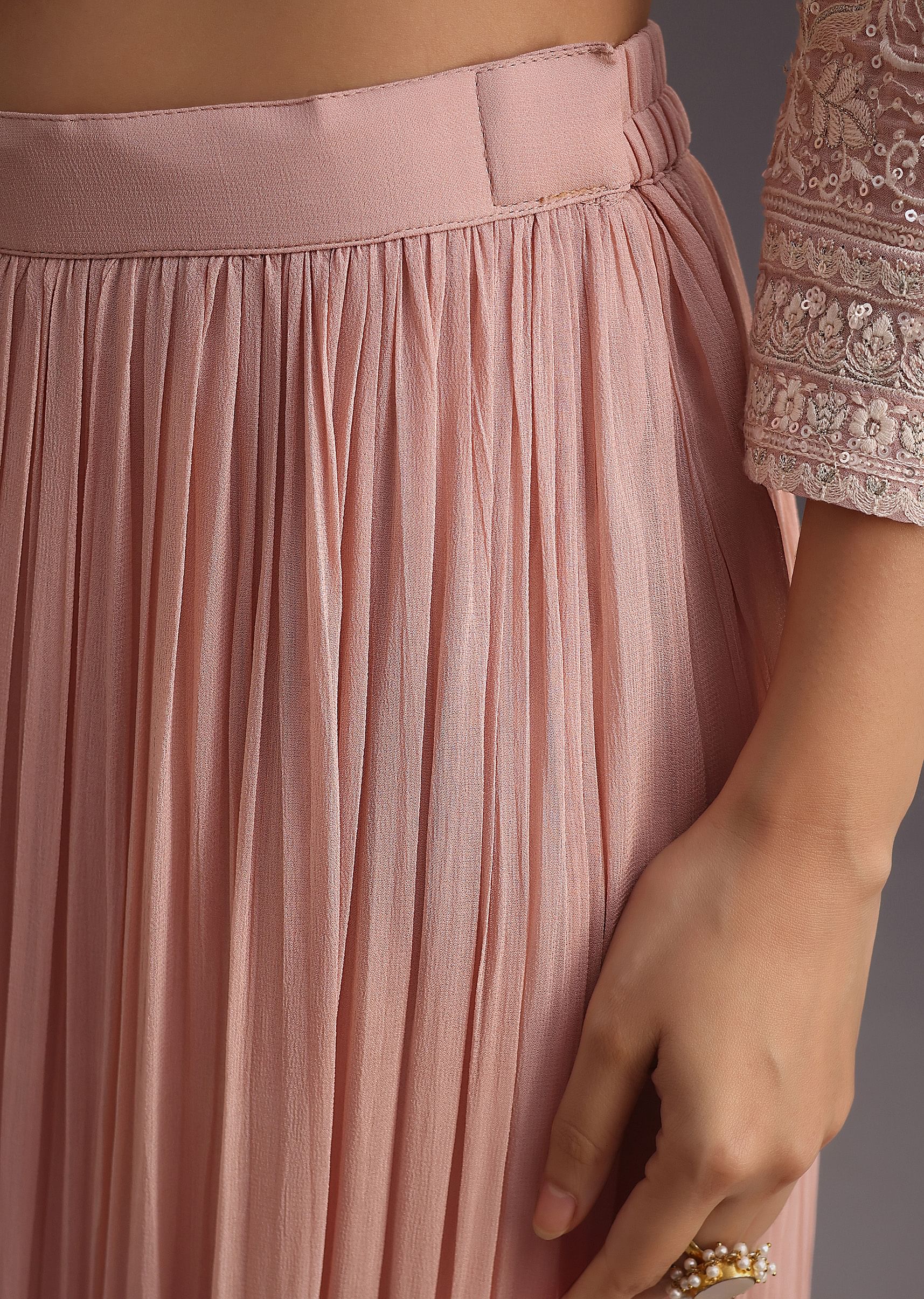 Peach Lucknowi Work Kurta Set With Flared Palazzo And Resham Dupatta - Image 6