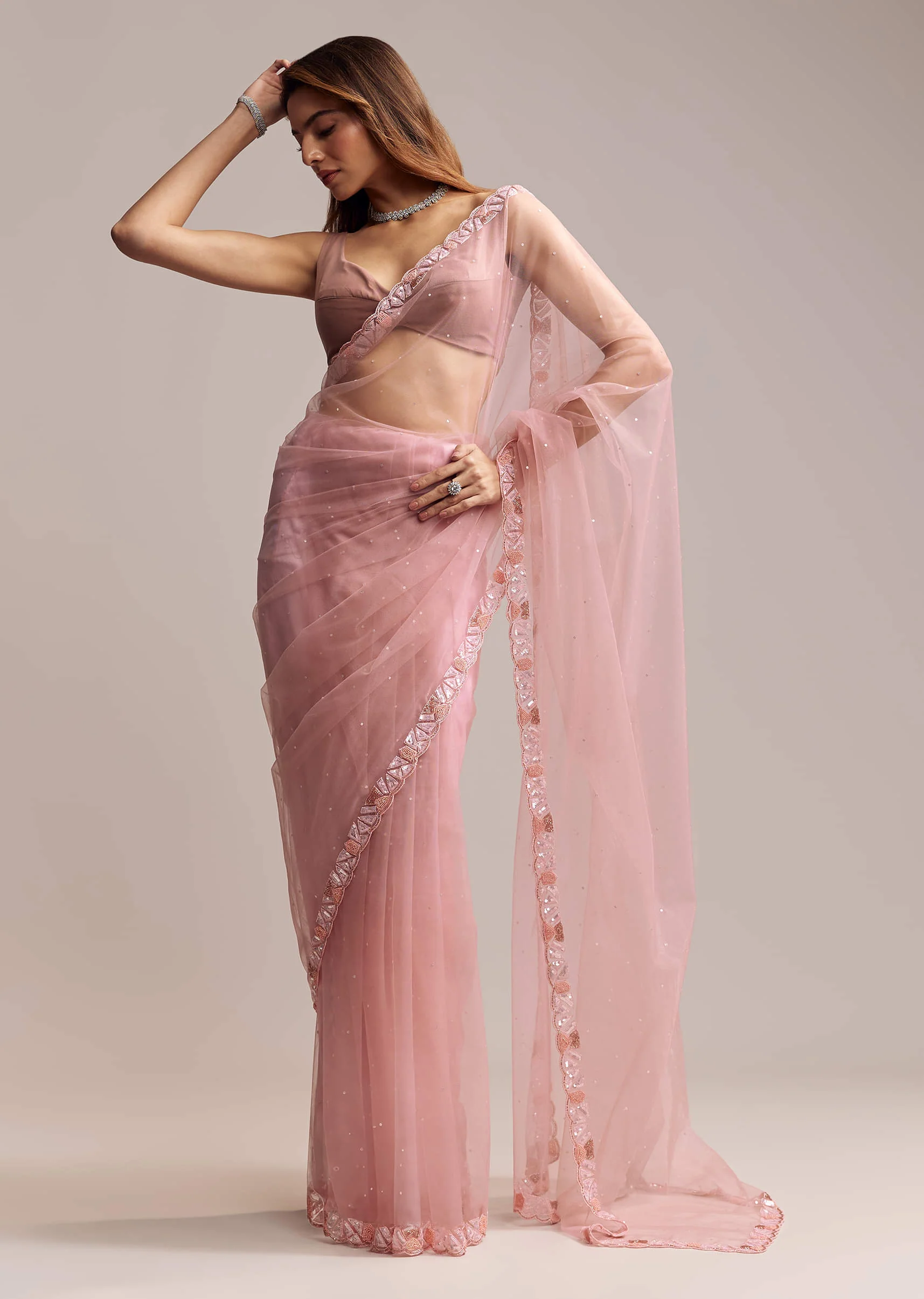 Peach Net Saree With Sequin Embroidery