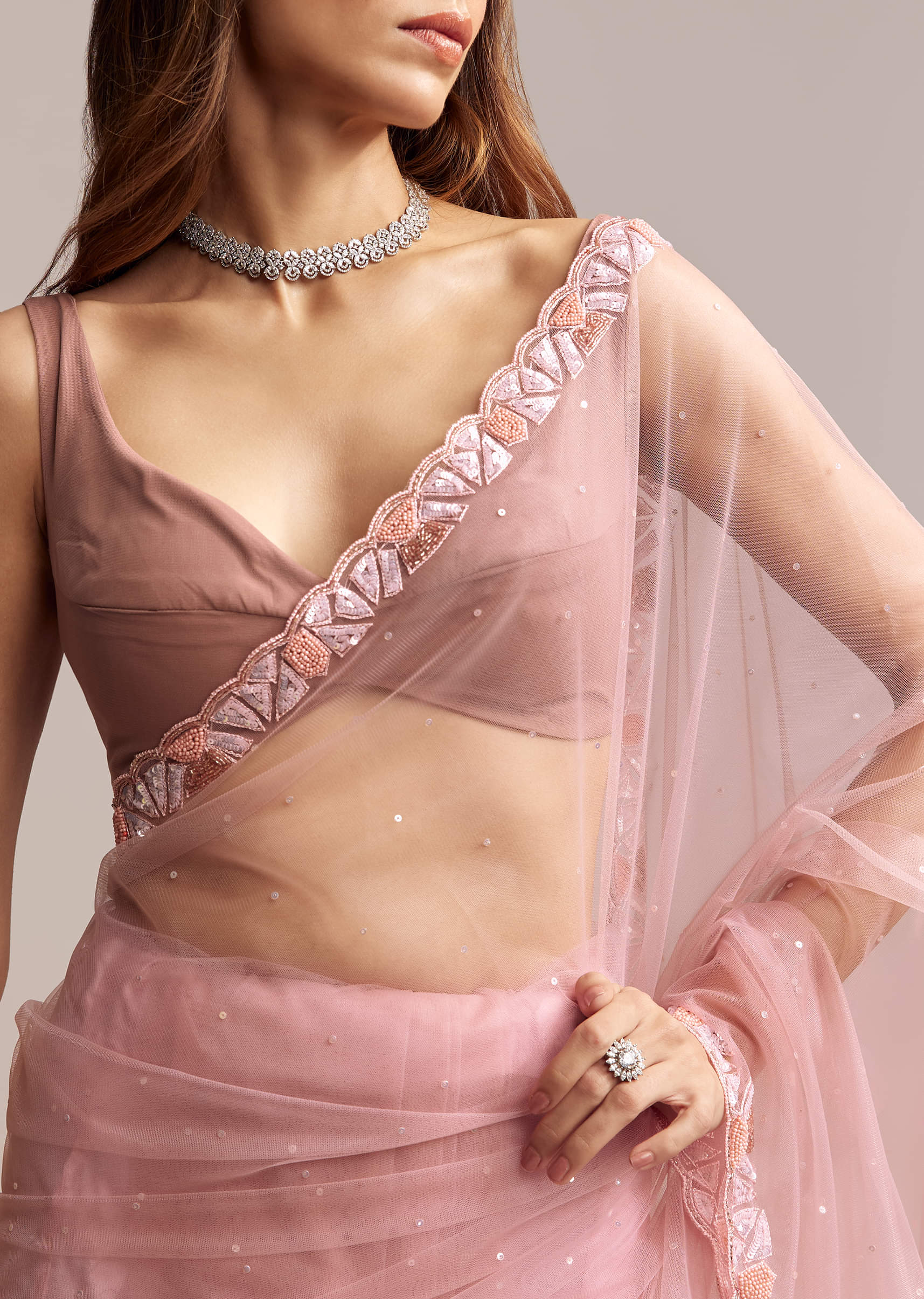 Peach Net Saree With Sequin Embroidery - Image 2