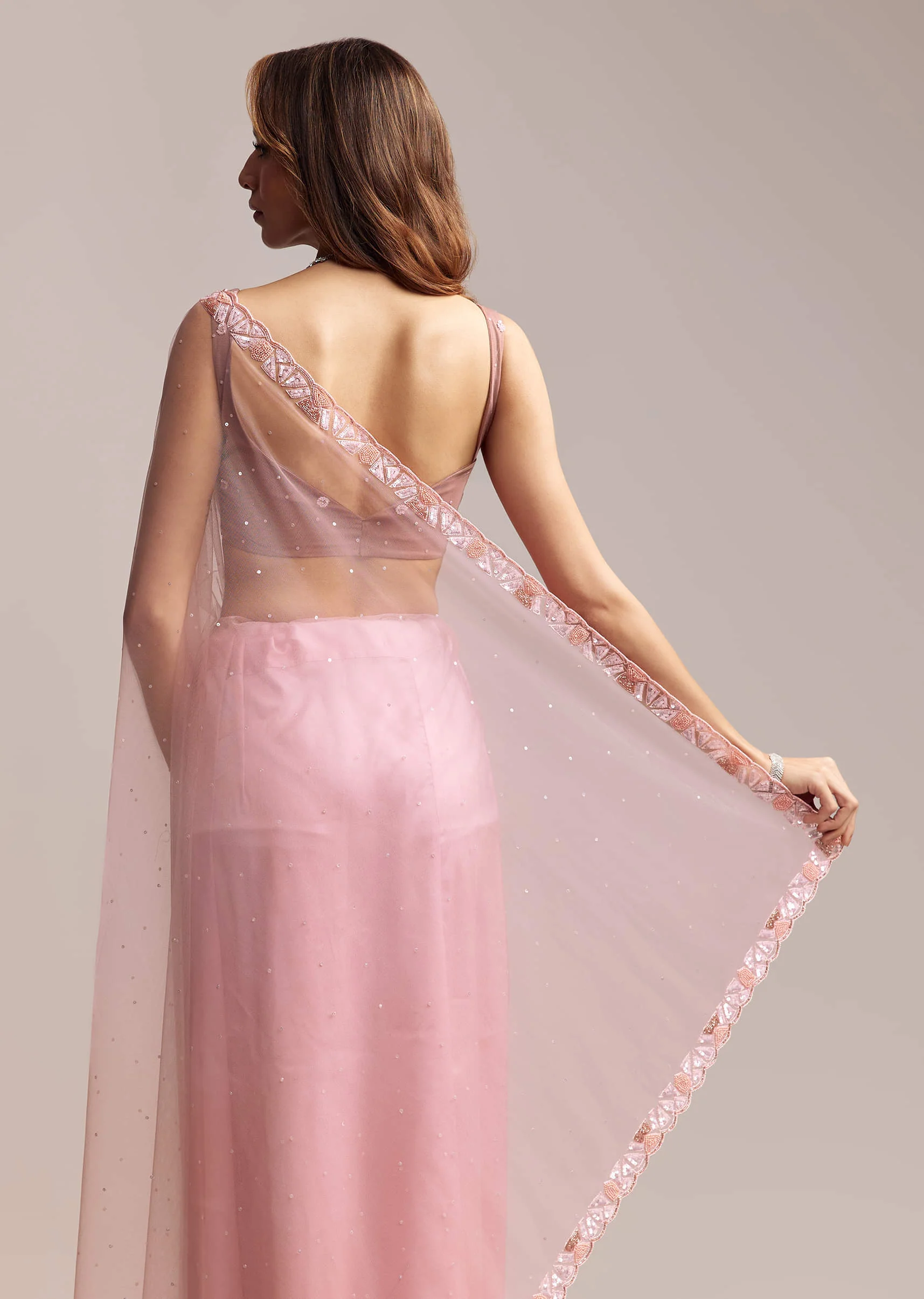 Peach Net Saree With Sequin Embroidery - Image 3