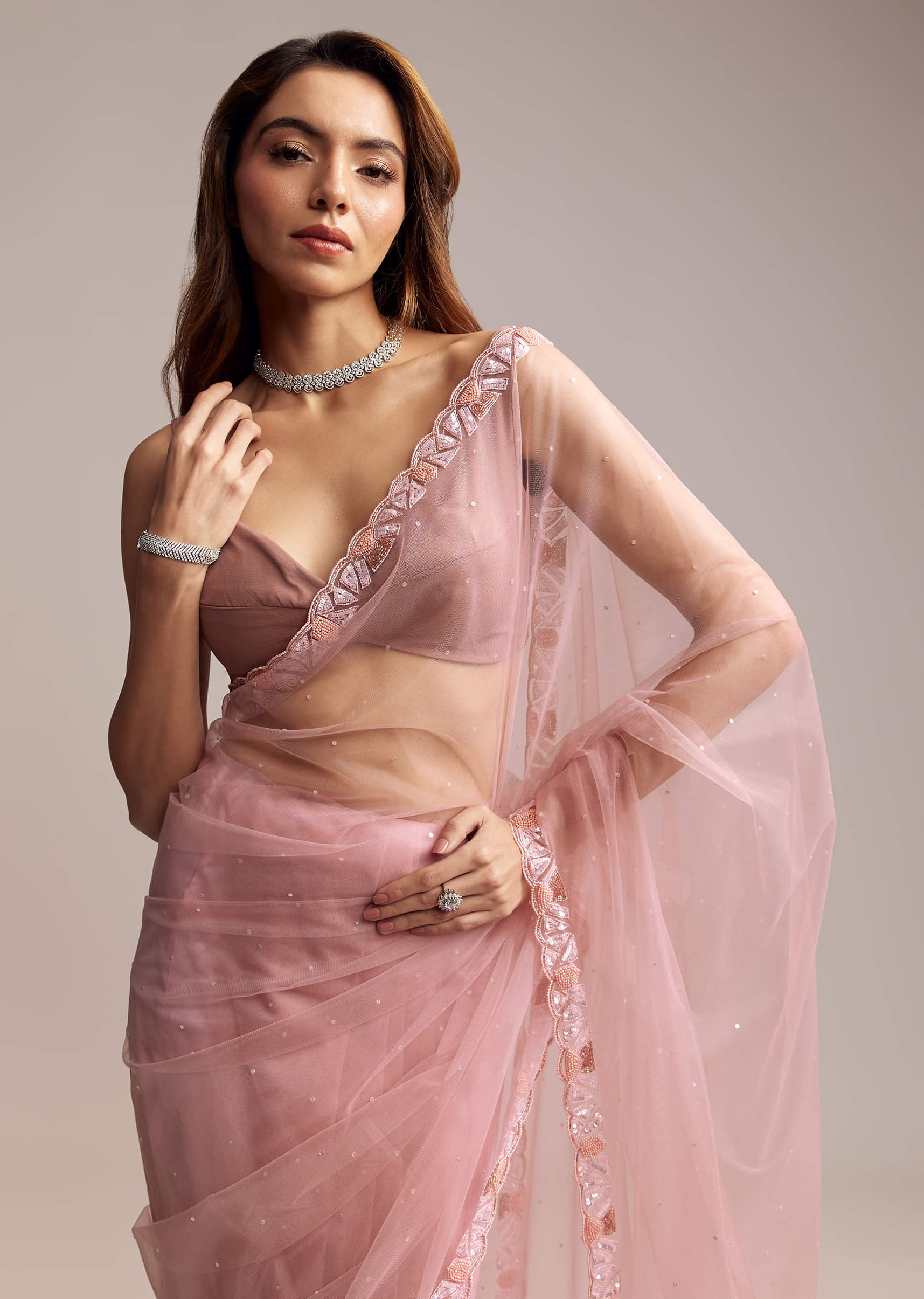 Peach Net Saree With Sequin Embroidery - Image 4