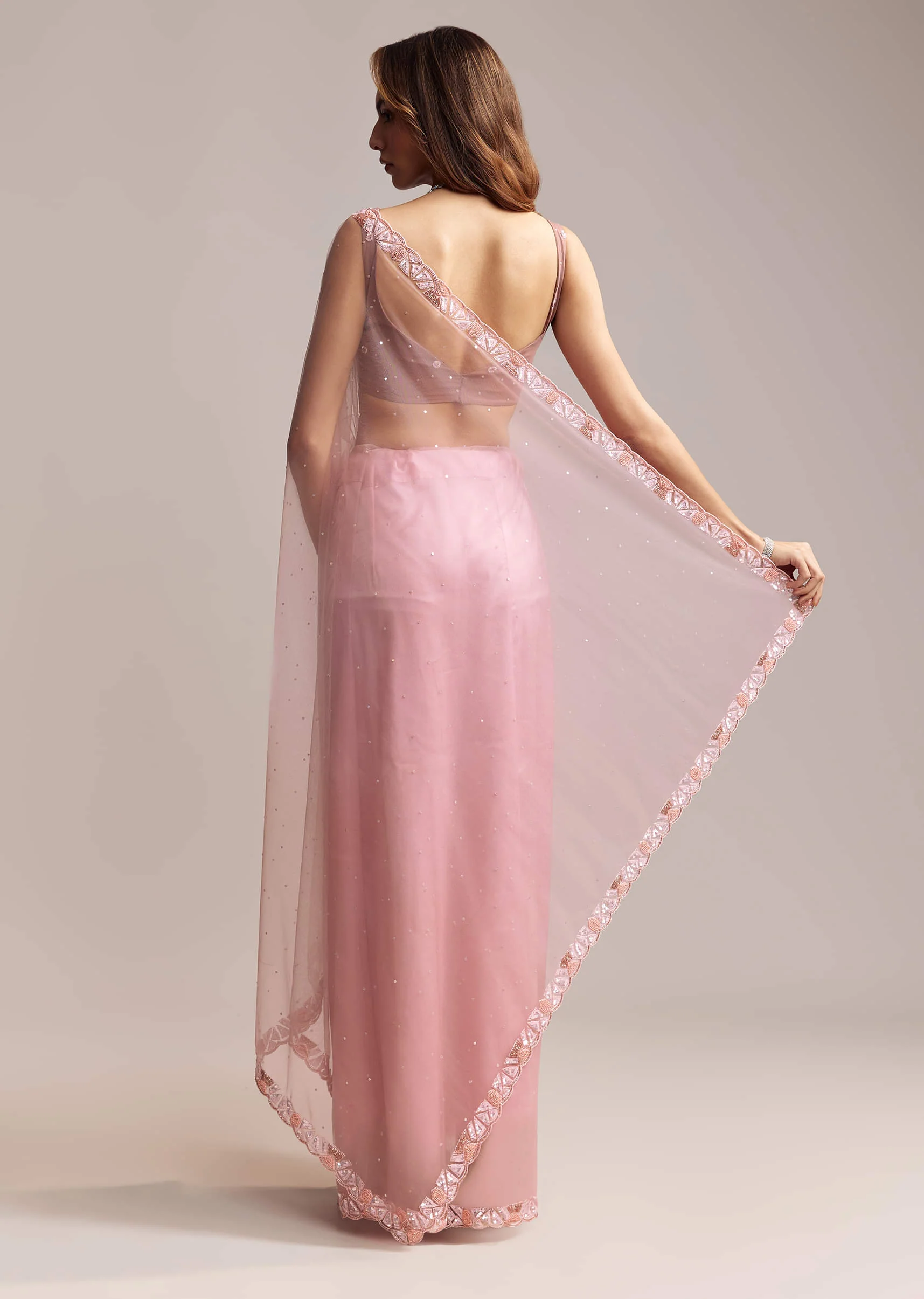Peach Net Saree With Sequin Embroidery - Image 5