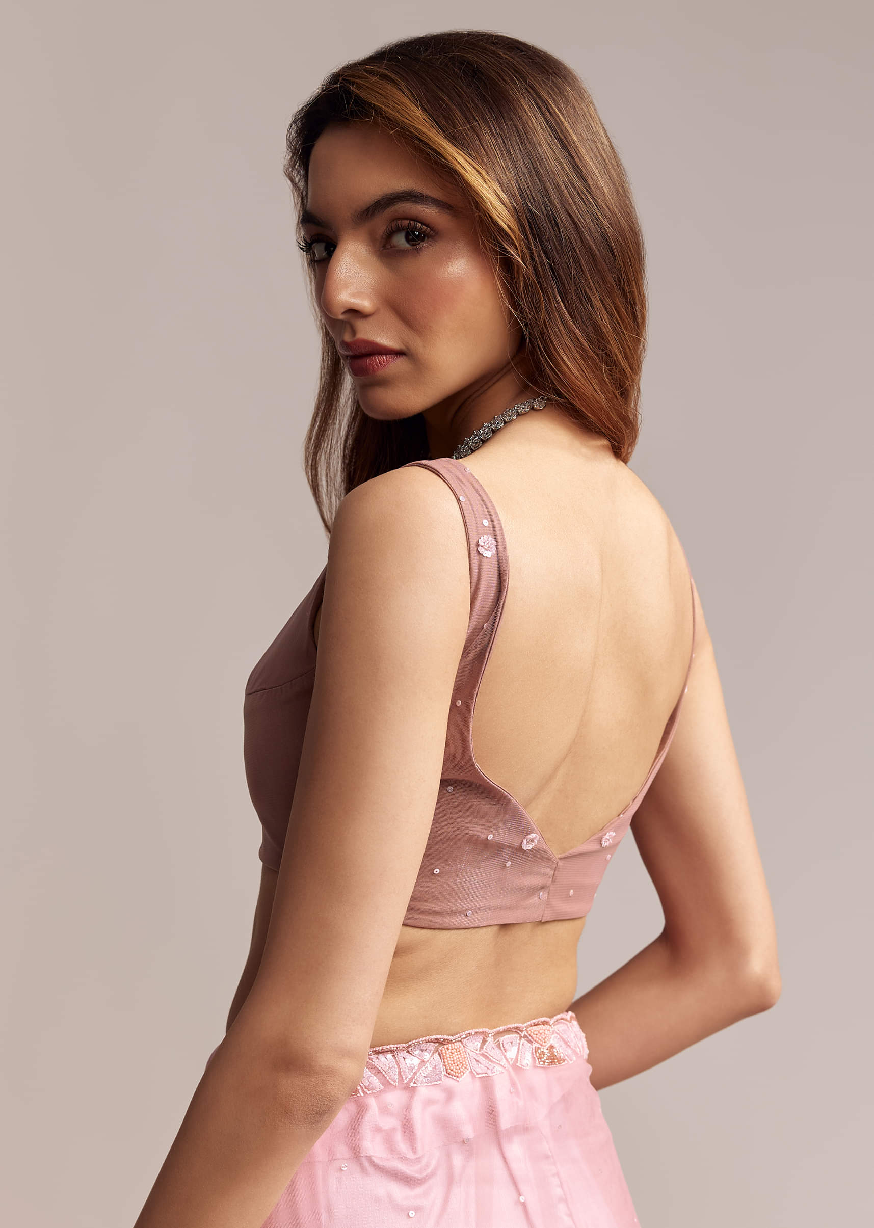 Peach Net Saree With Sequin Embroidery - Image 7