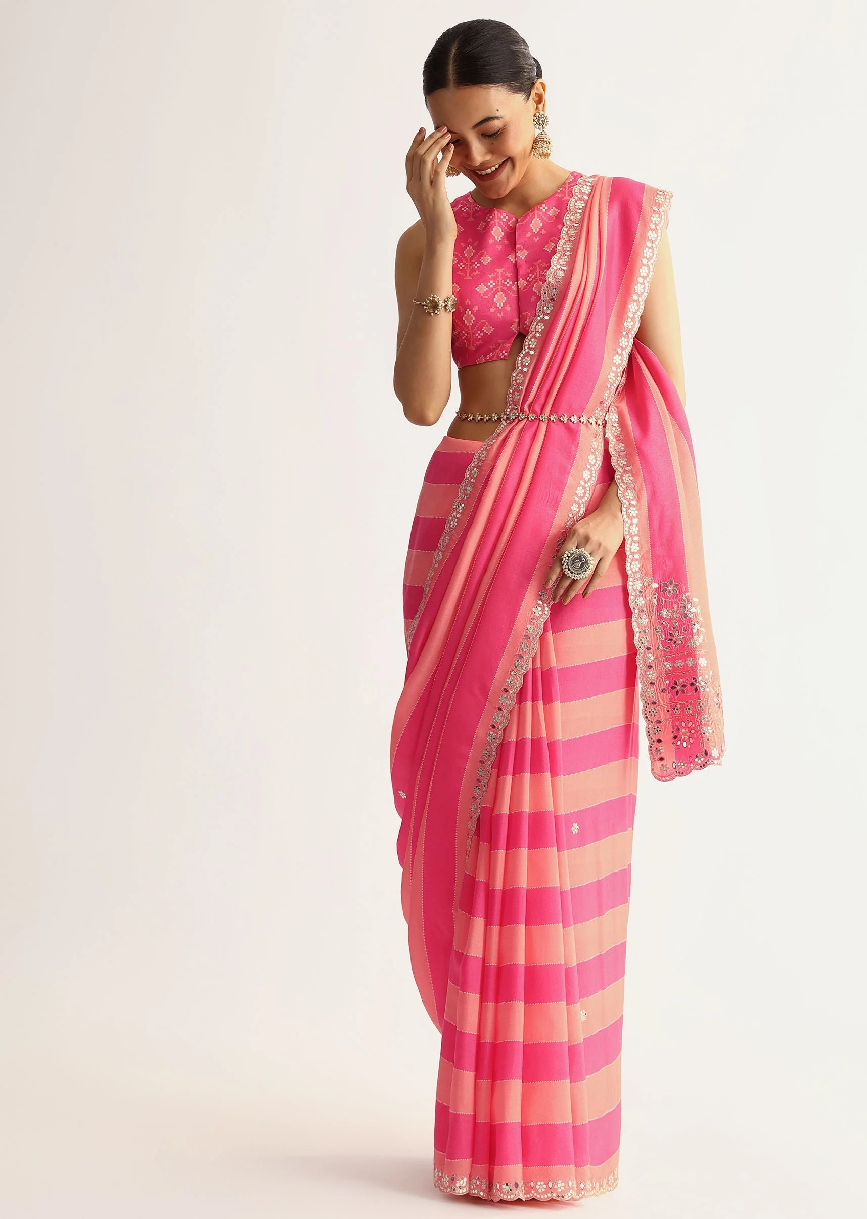 Peach Pink Mirrorwork Cutdana Work Georgette Saree - Image 3