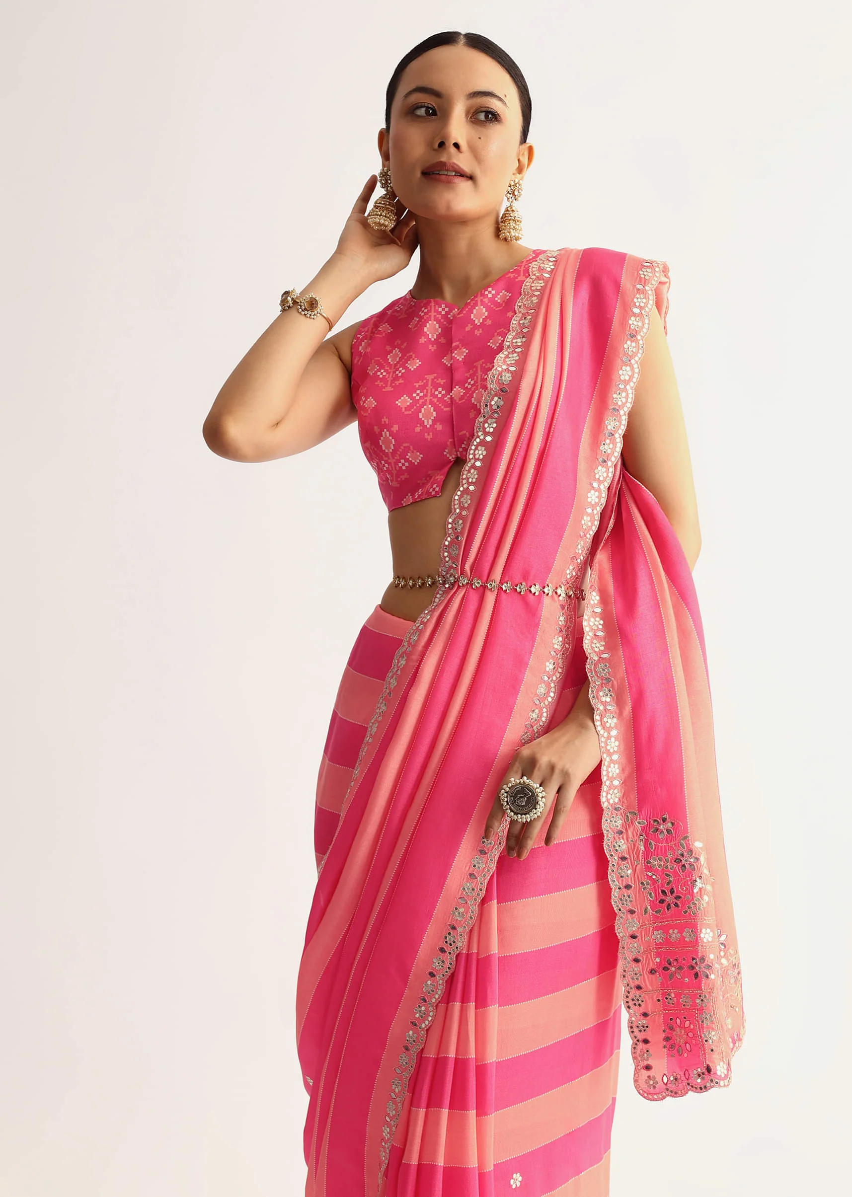 Peach Pink Mirrorwork Cutdana Work Georgette Saree - Image 5