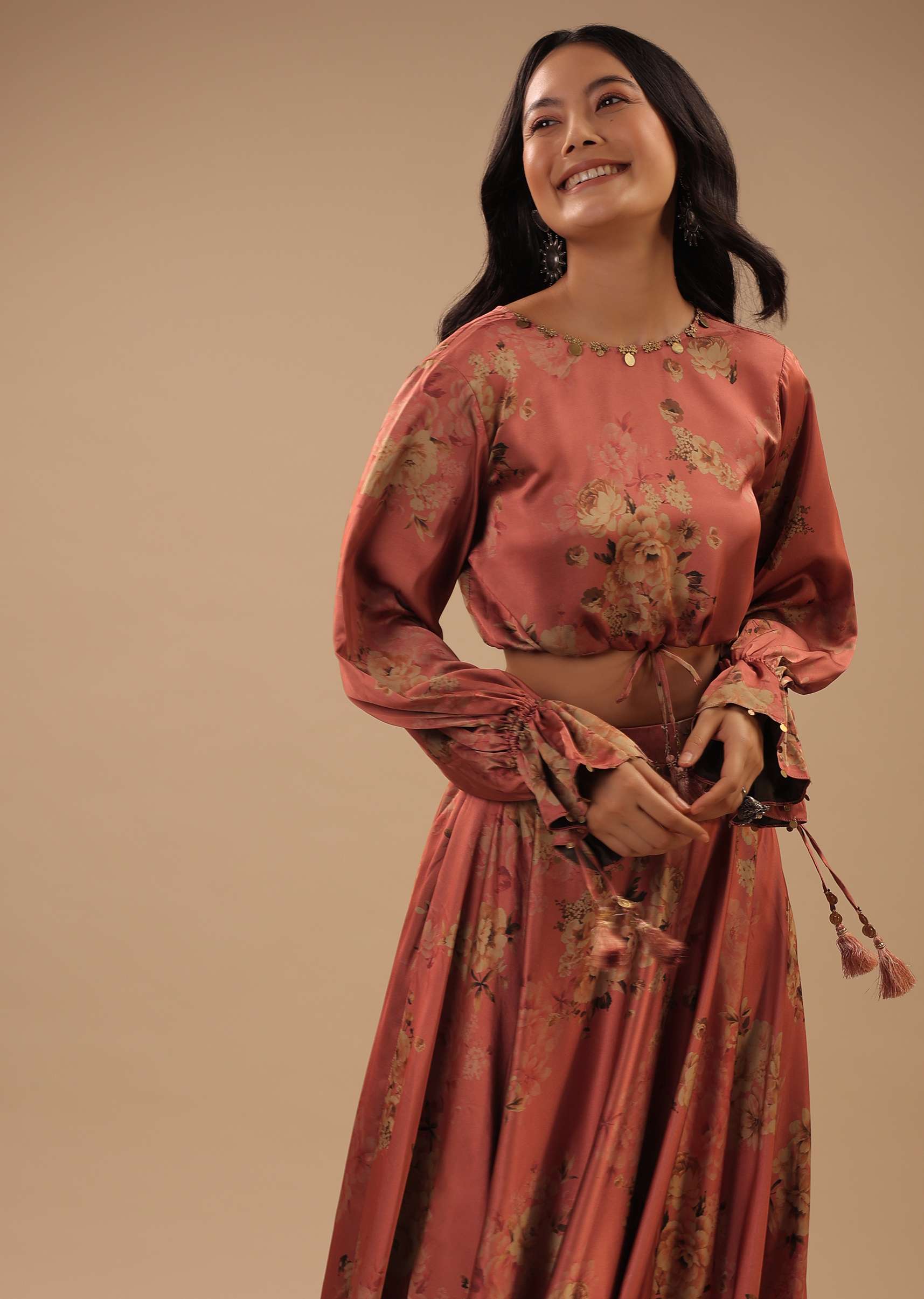 Peach Pink Satin Blouse And Skirt With Floral Print, Peasant Sleeves And High Low Hemline - Image 4