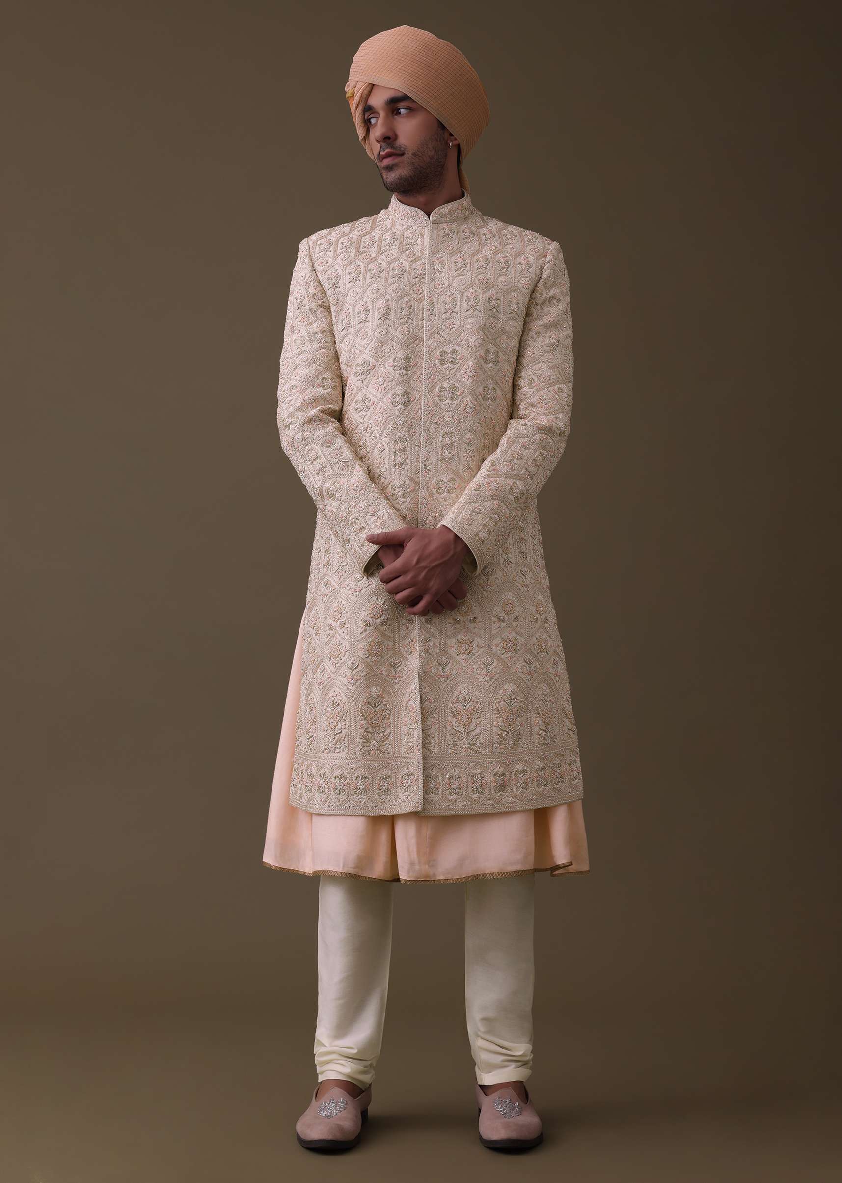 Peach Pink Sherwani Set In Silk With Resham And Cut Dana Work - Image 4