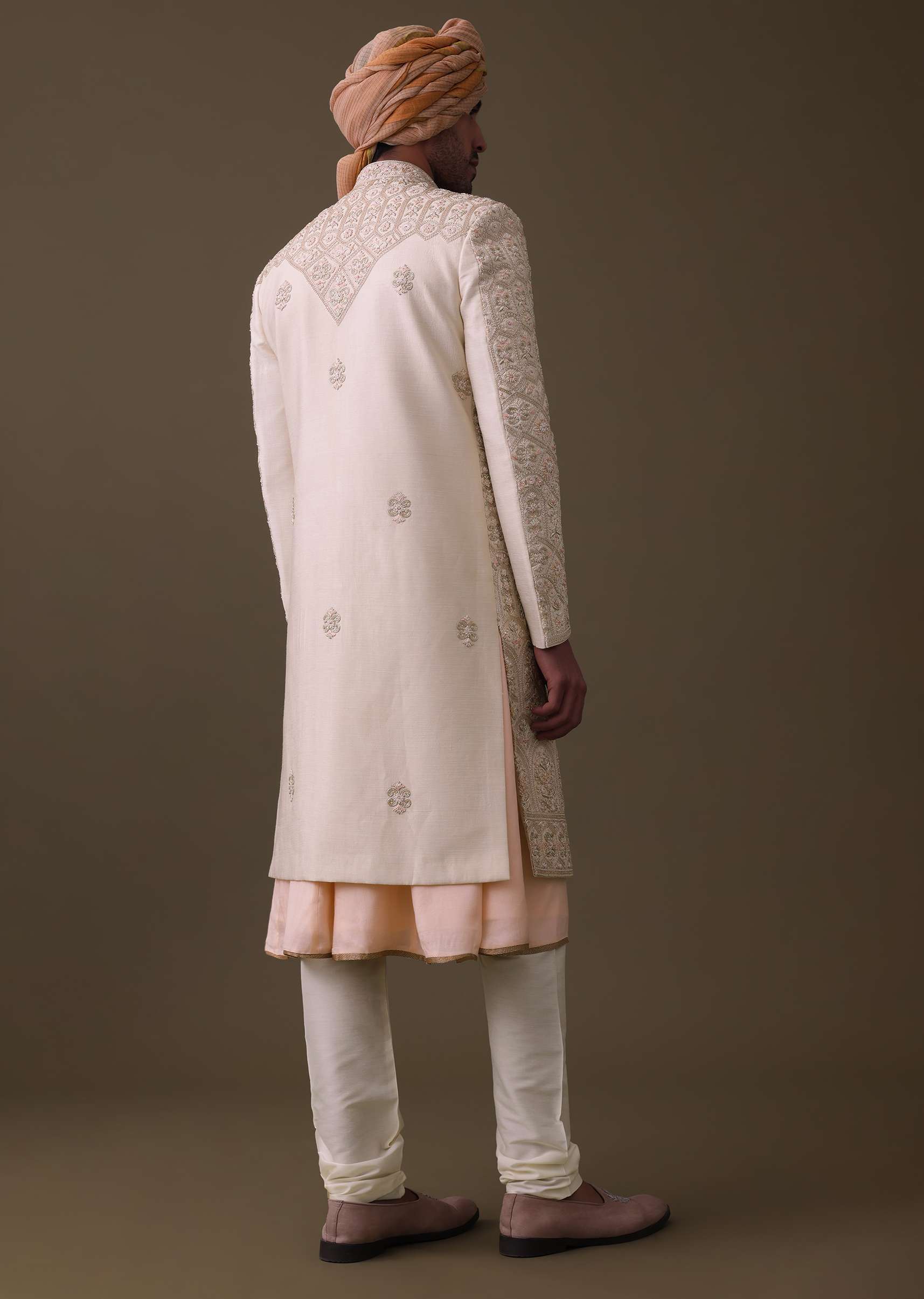 Peach Pink Sherwani Set In Silk With Resham And Cut Dana Work - Image 5
