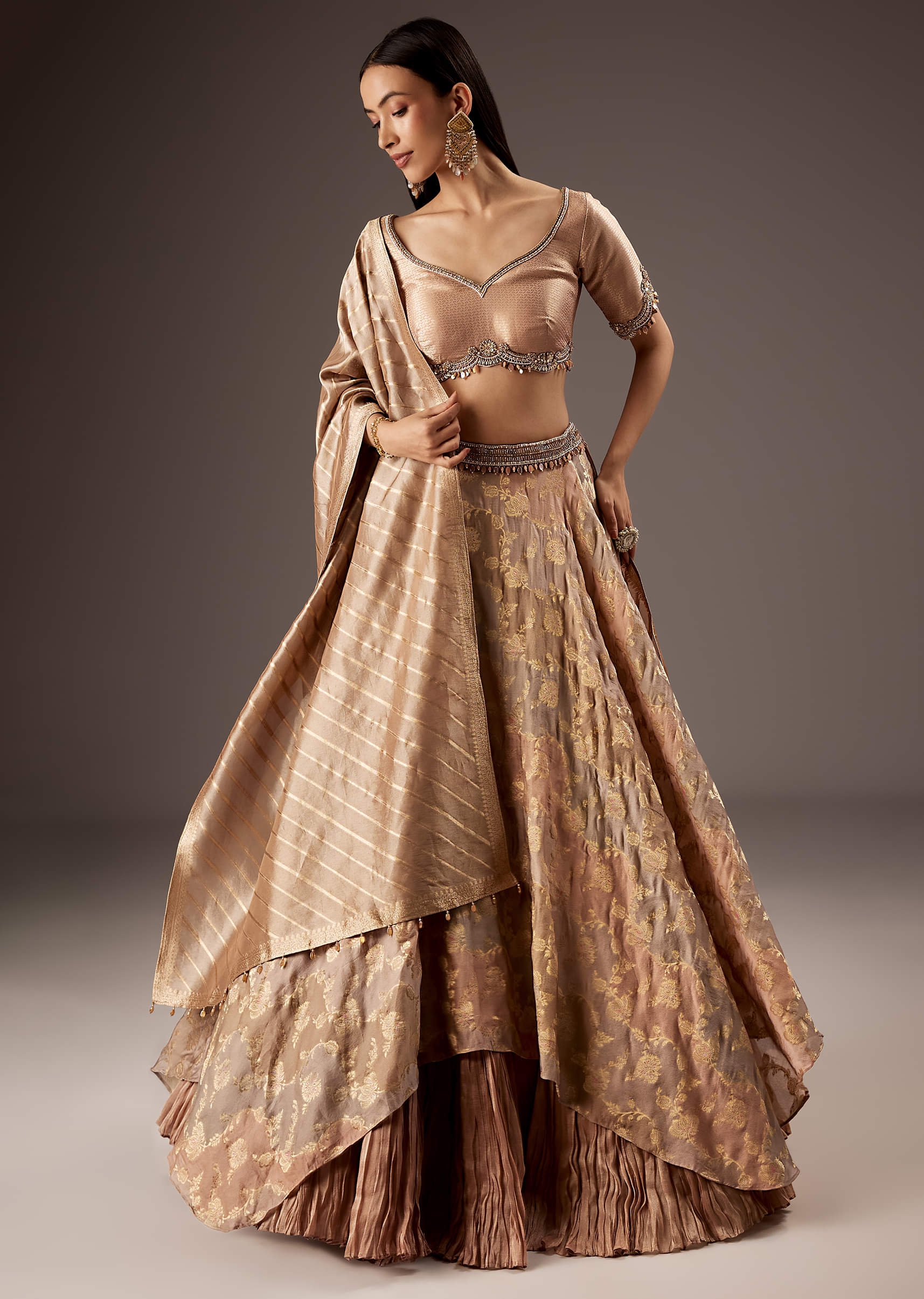Peach Silk Bridesmaid Lehenga With Embroidered Tassel Blouse And Dupatta - Image 4