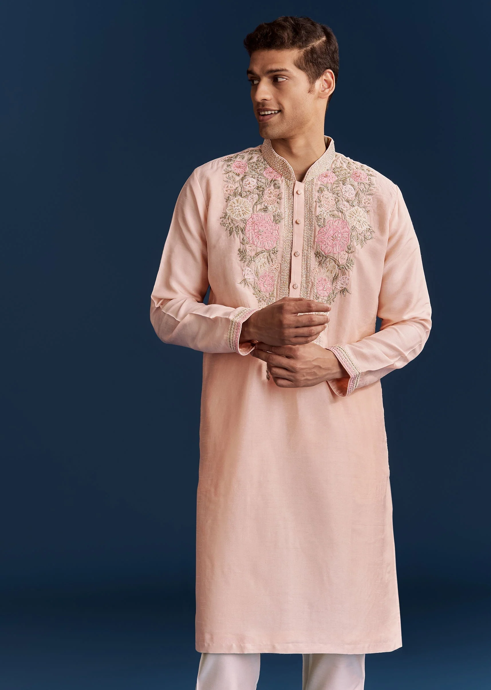 Peach Silk Kurta With Floral Resham Thread And Embroidery - Image 3