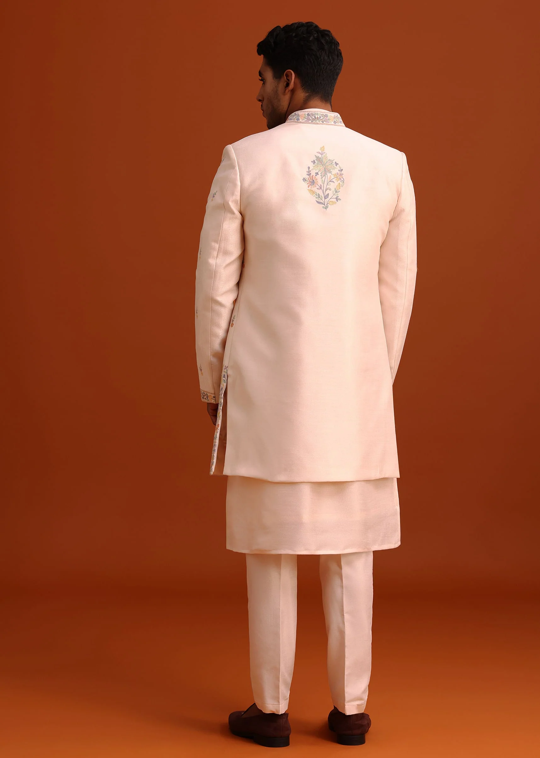 Peach Thread Embroidered Cotton Silk Sherwani Set - Image 5