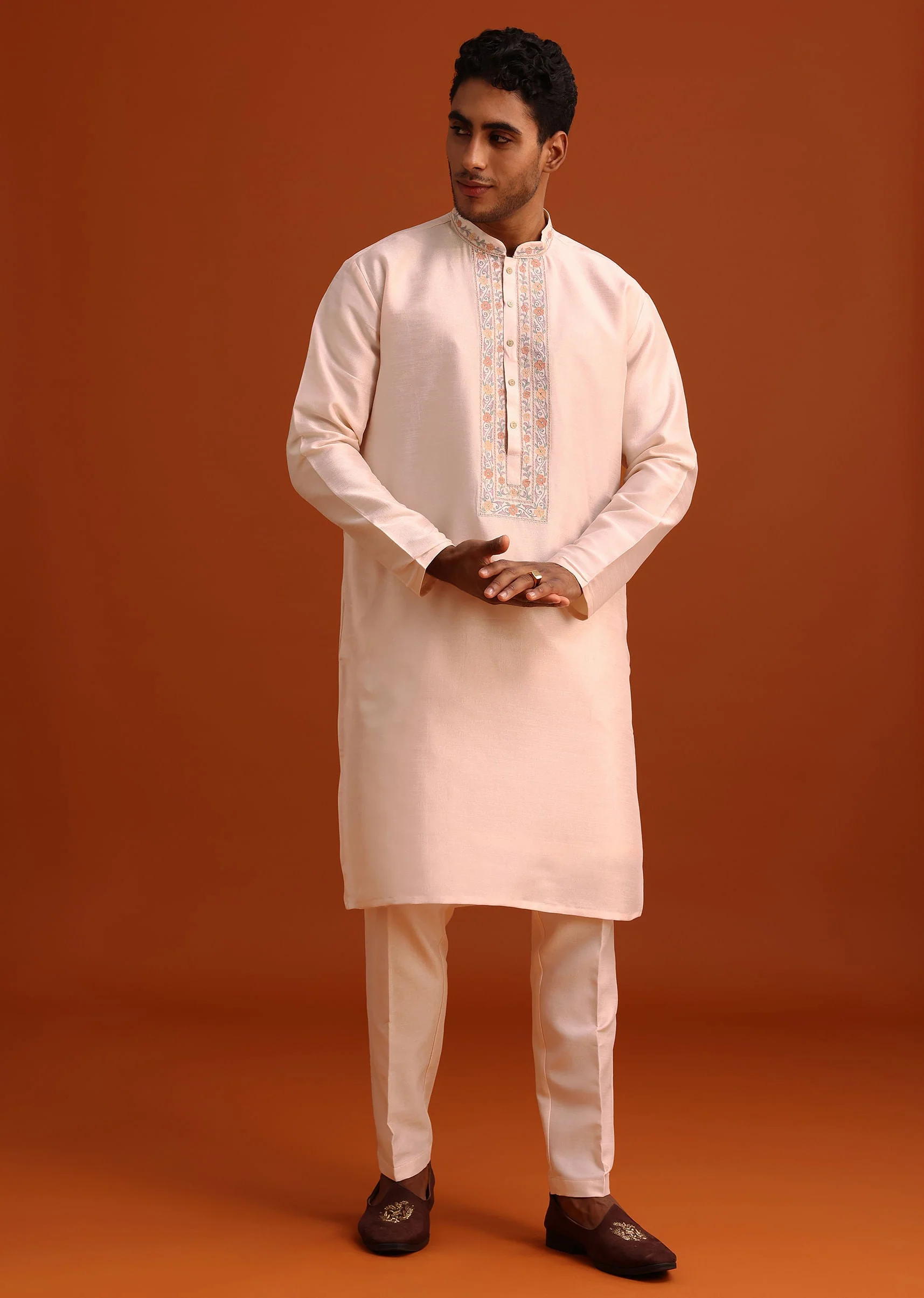 Peach Thread Embroidered Cotton Silk Sherwani Set - Image 6