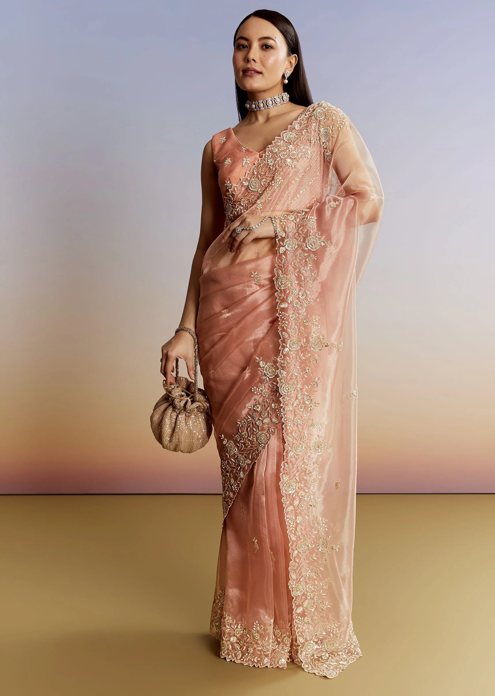 Peach Tissue Saree With Floral Moti And Cutdana Embroidery - Image 3