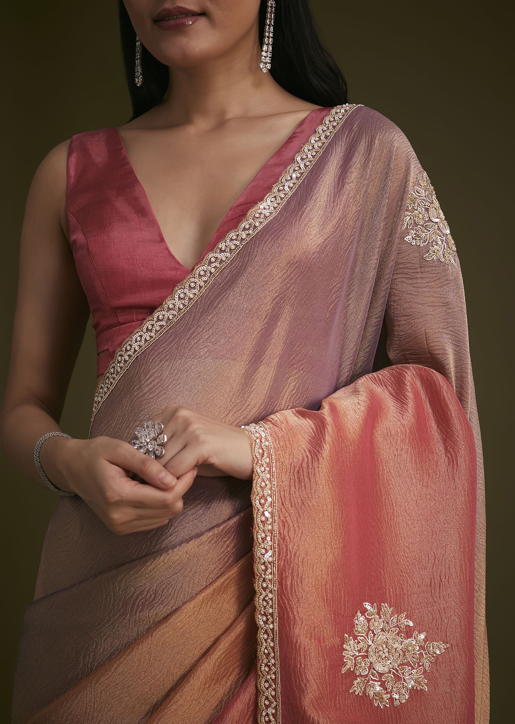 Peach Triple Shaded Tissue Saree - Image 5