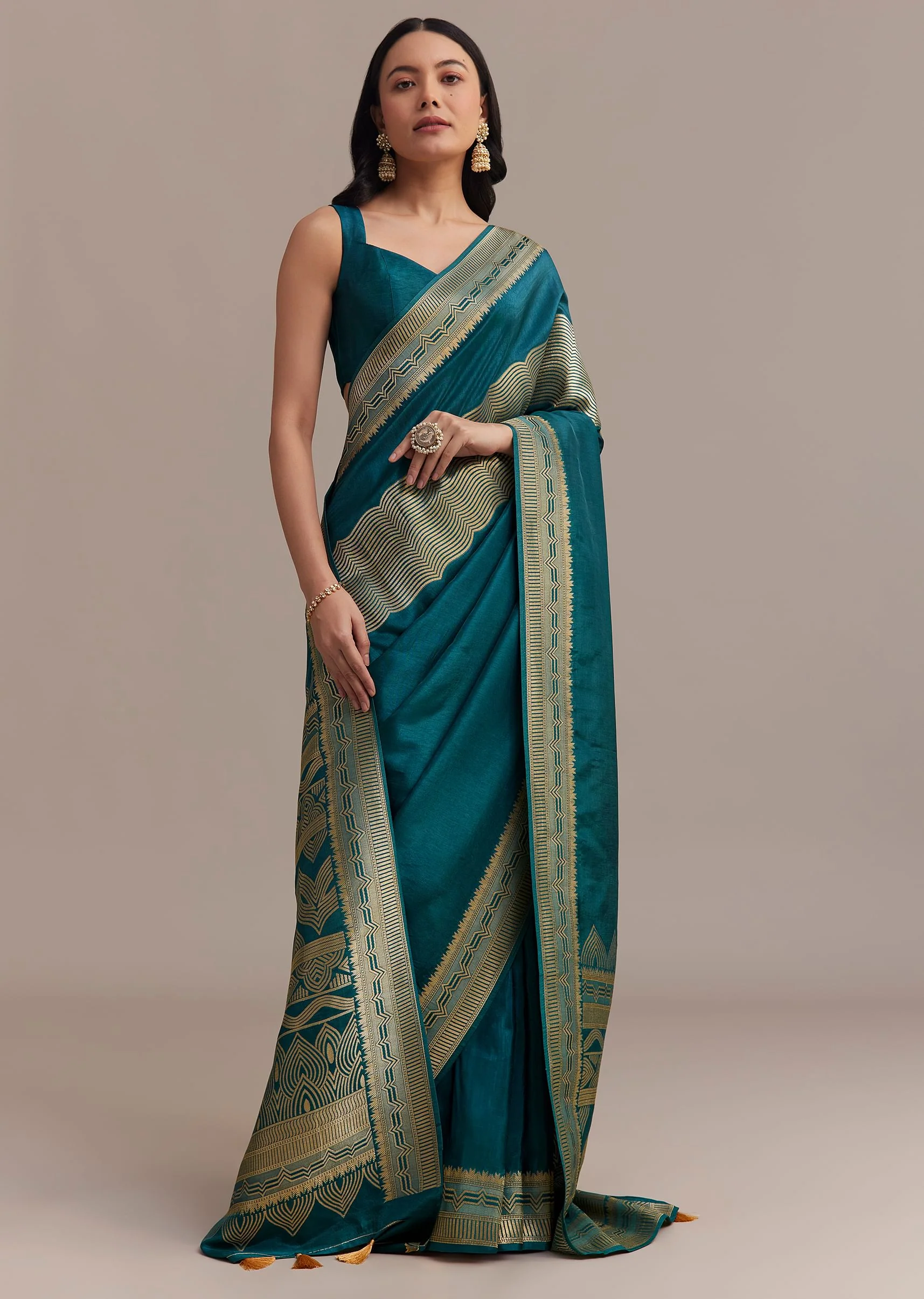 Peacock Blue Dola Silk Saree With All Over Zari Weaving - Image 3