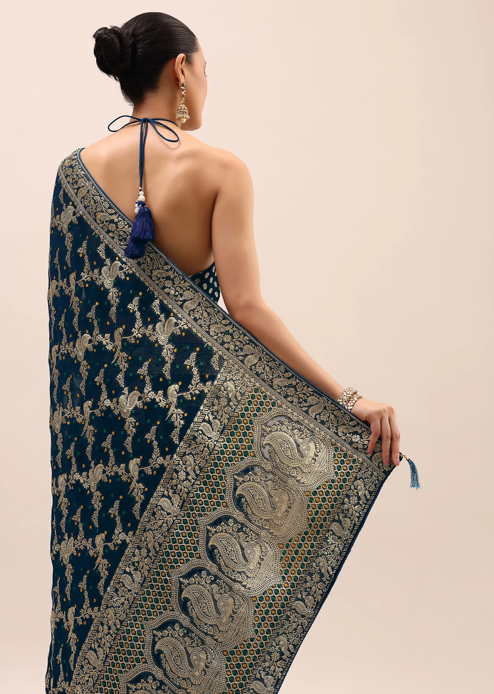Peacock Blue Saree In Zari Jaal With Unstitched Blouse - Image 6
