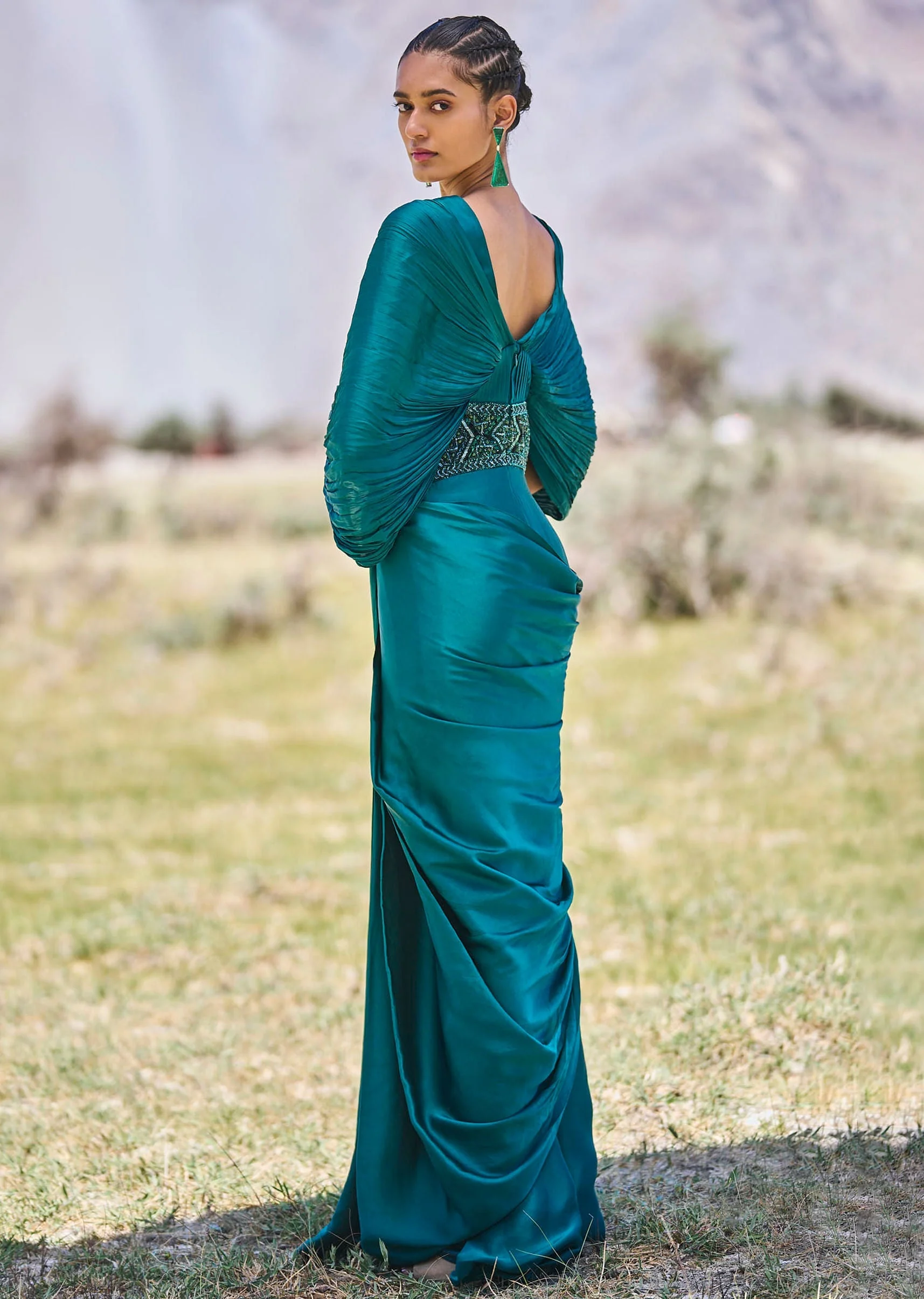 Peacock Green Embroidered Pre Draped Gown With Kimono Sleeves - Image 5