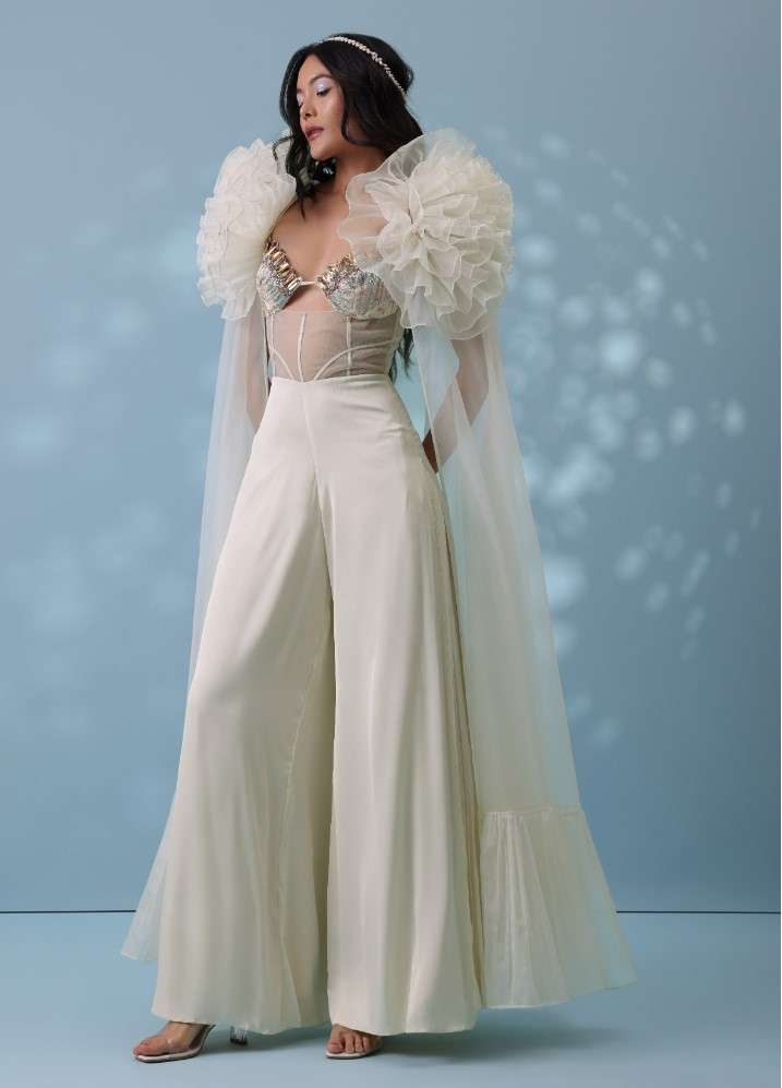 Pearl White Satin Indowestern Embroidered Jumpsuit With Net Shrug - Image 14