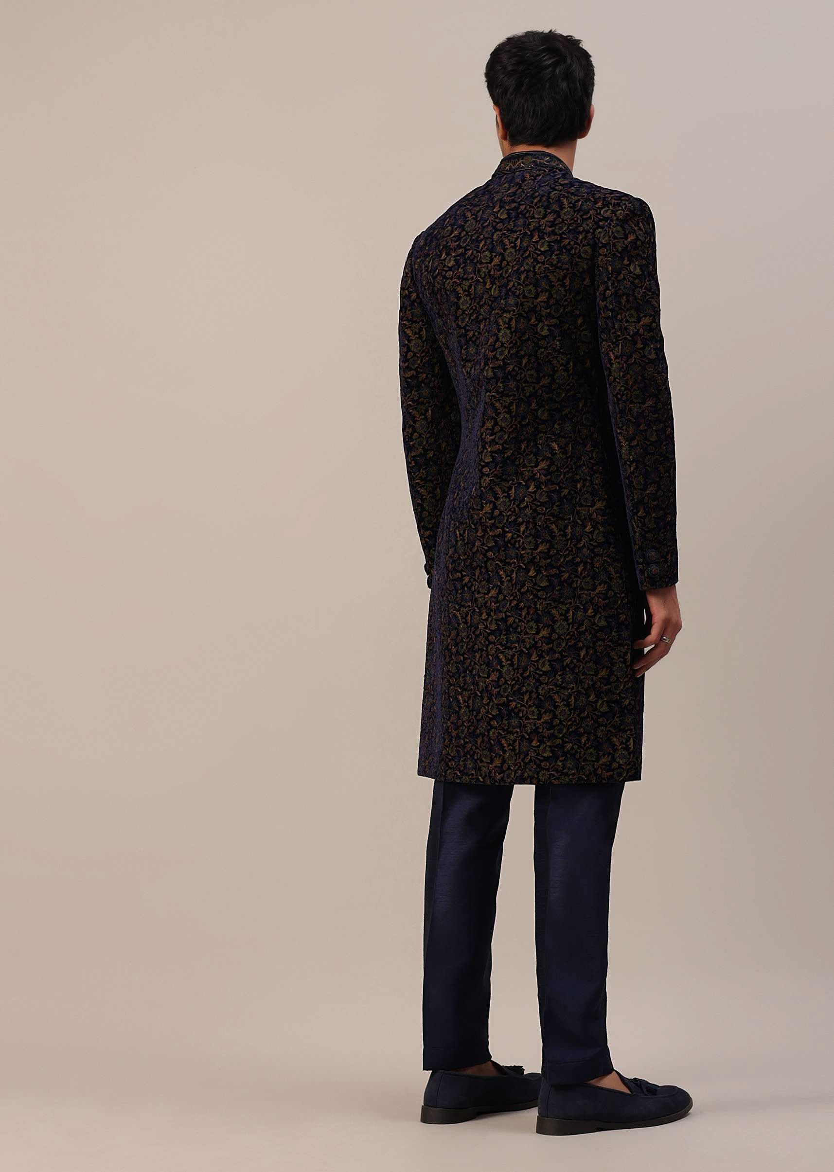 Persian Blue Floral Embroidered Sherwani Set In Velvet - Image 10
