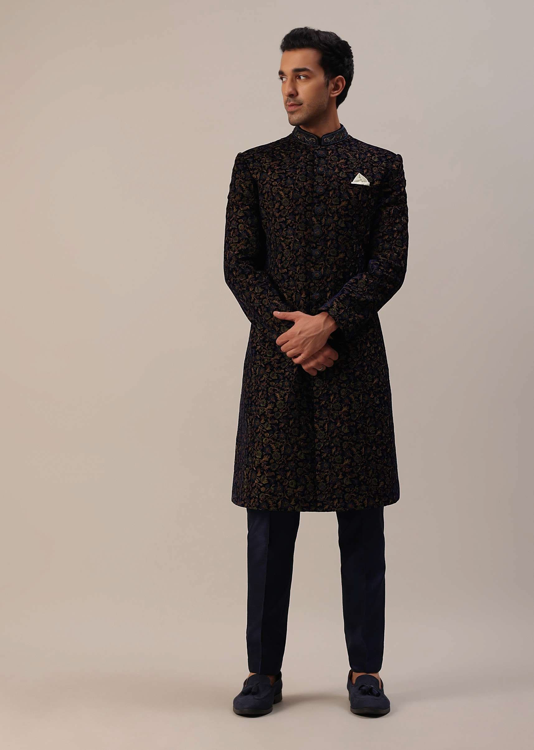 Persian Blue Floral Embroidered Sherwani Set In Velvet - Image 7