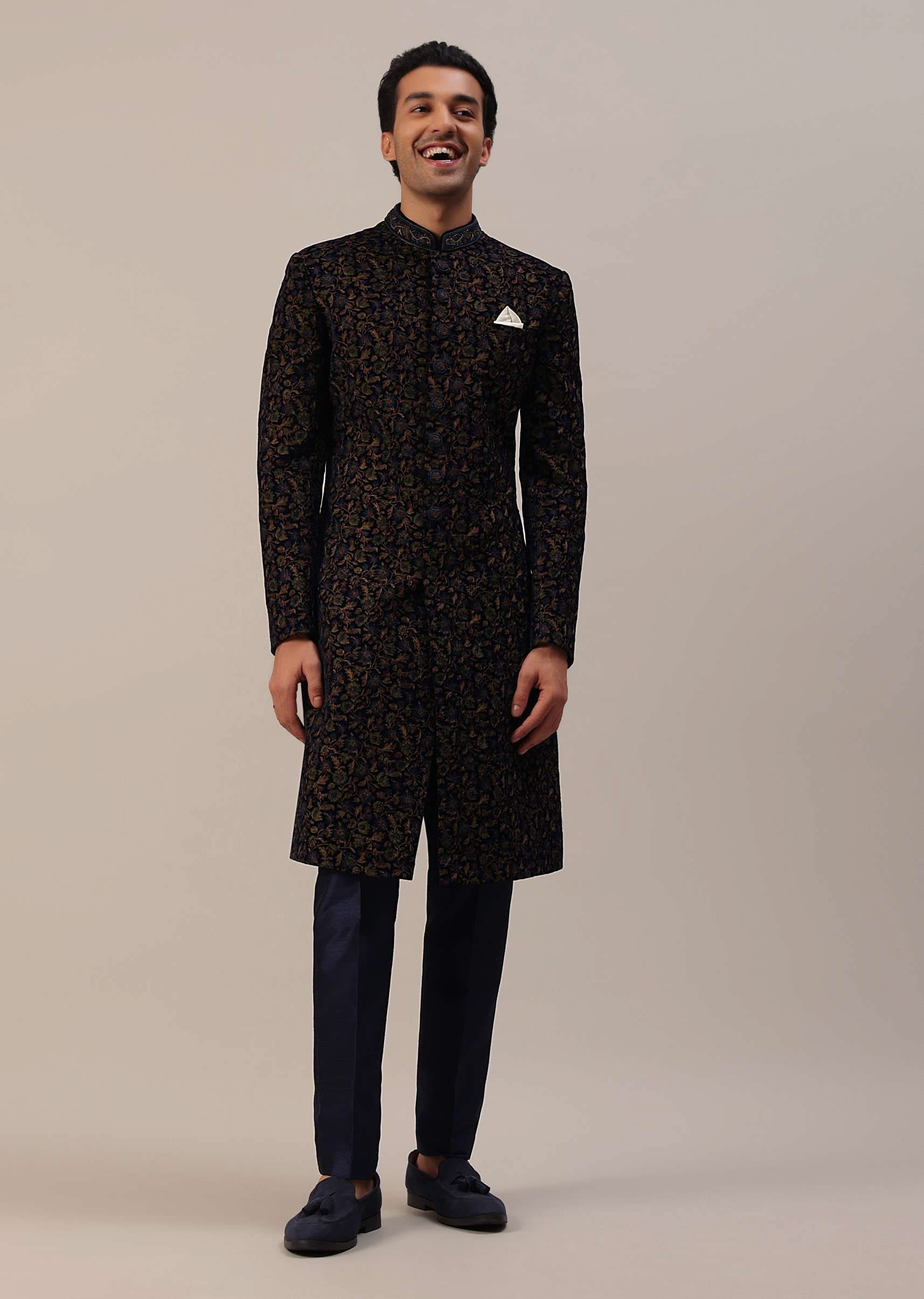 Persian Blue Floral Embroidered Sherwani Set In Velvet - Image 9