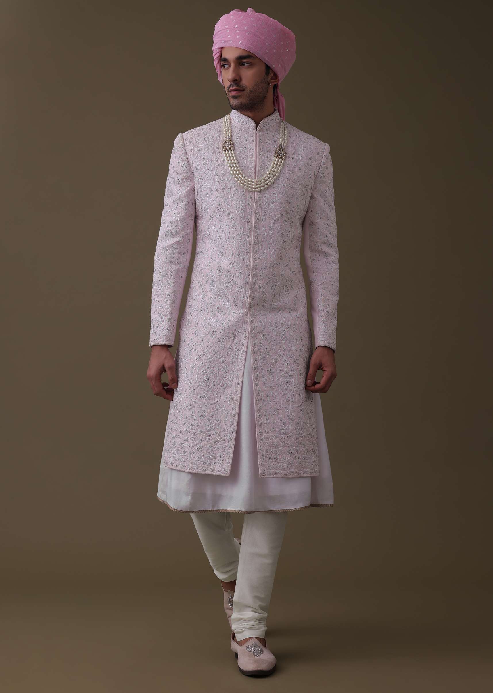 Petal Pink Sherwani Set In Tussar With Moti Work - Image 4