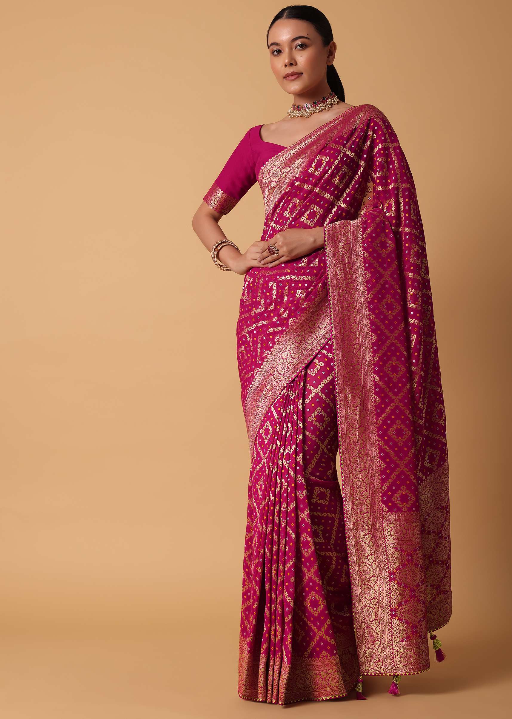 Pink Banarasi Georgette Saree With Bandhani Detail And Unstitched Blouse Piece - Image 3