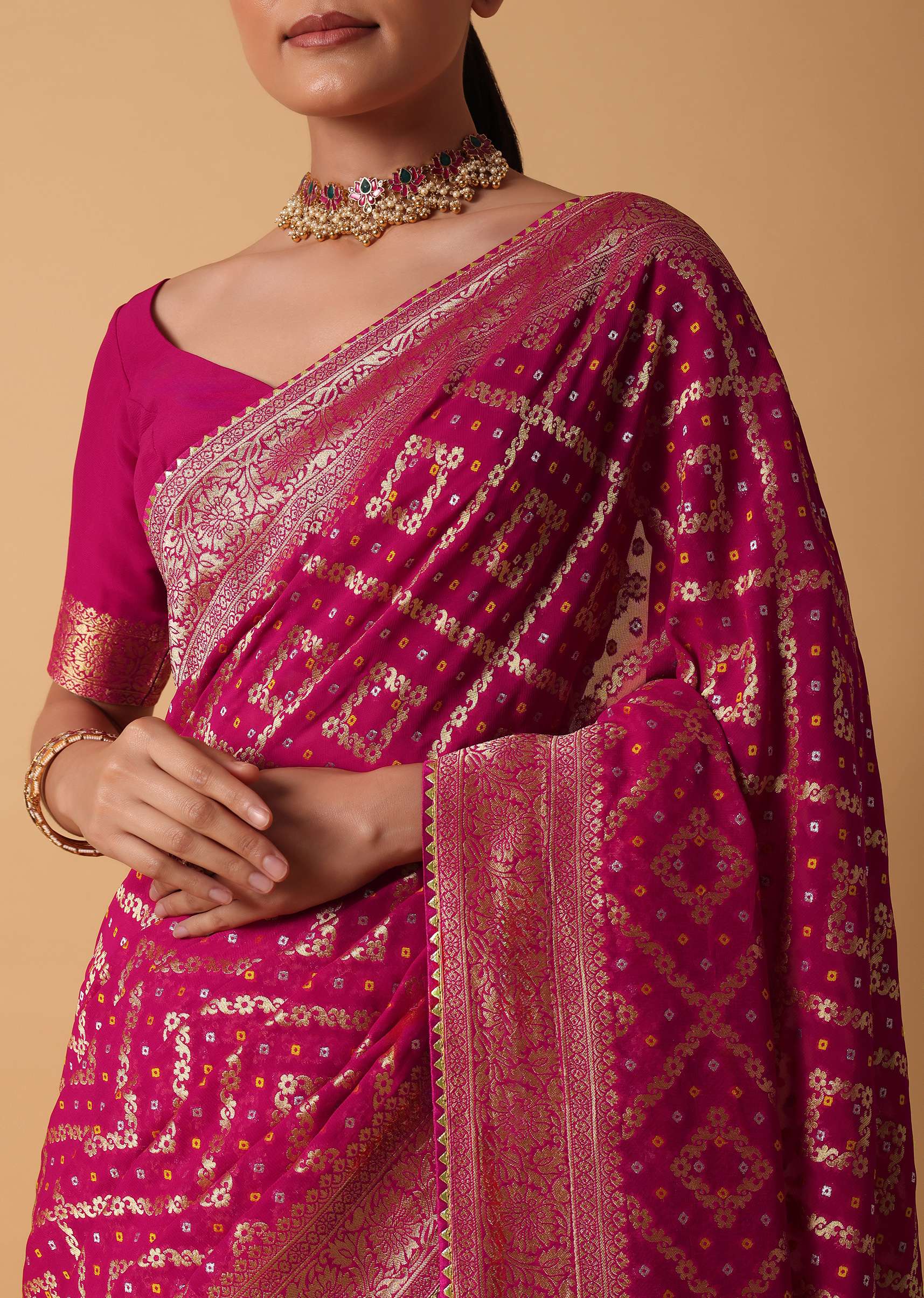 Pink Banarasi Georgette Saree With Bandhani Detail And Unstitched Blouse Piece - Image 5