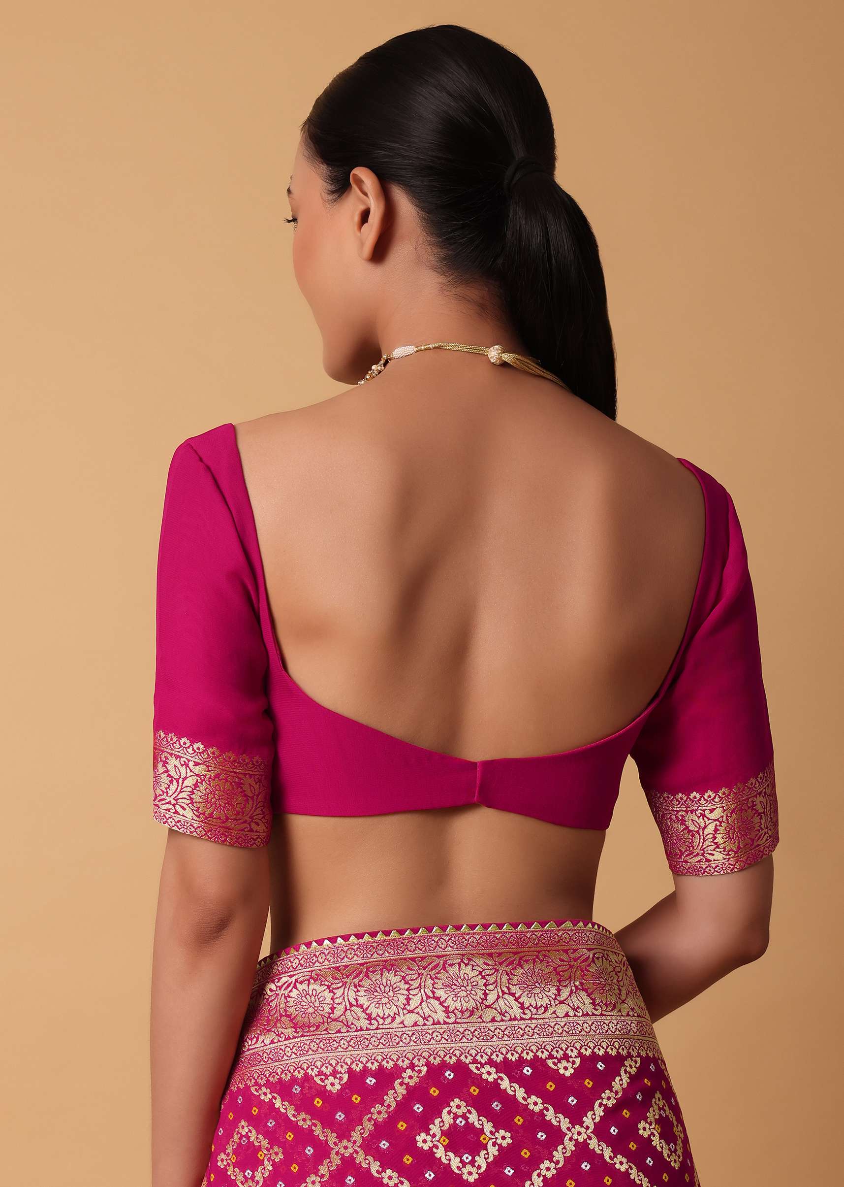 Pink Banarasi Georgette Saree With Bandhani Detail And Unstitched Blouse Piece - Image 8
