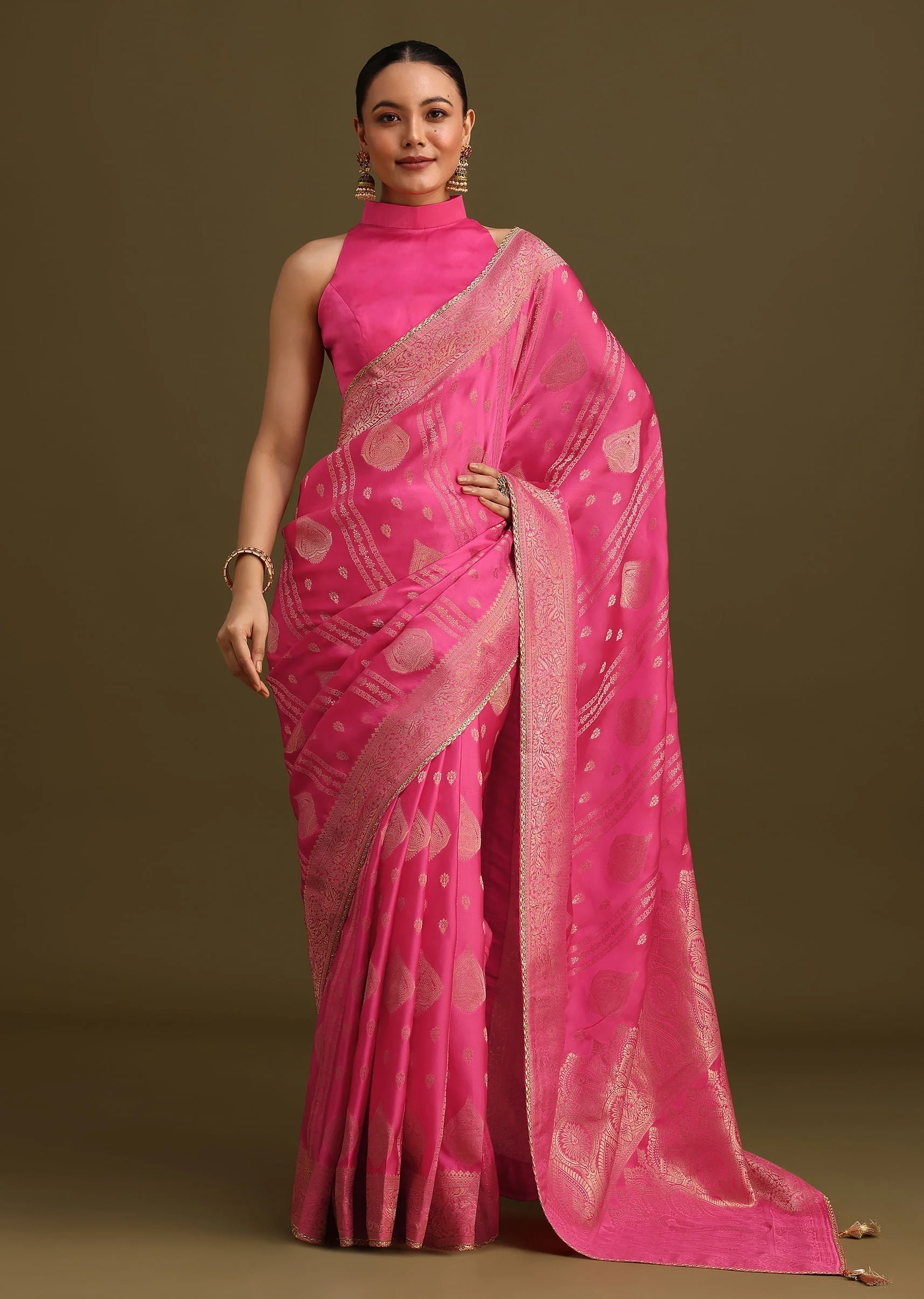 Pink Brocade Zari Weave Saree With Unstitched Blouse - Image 3
