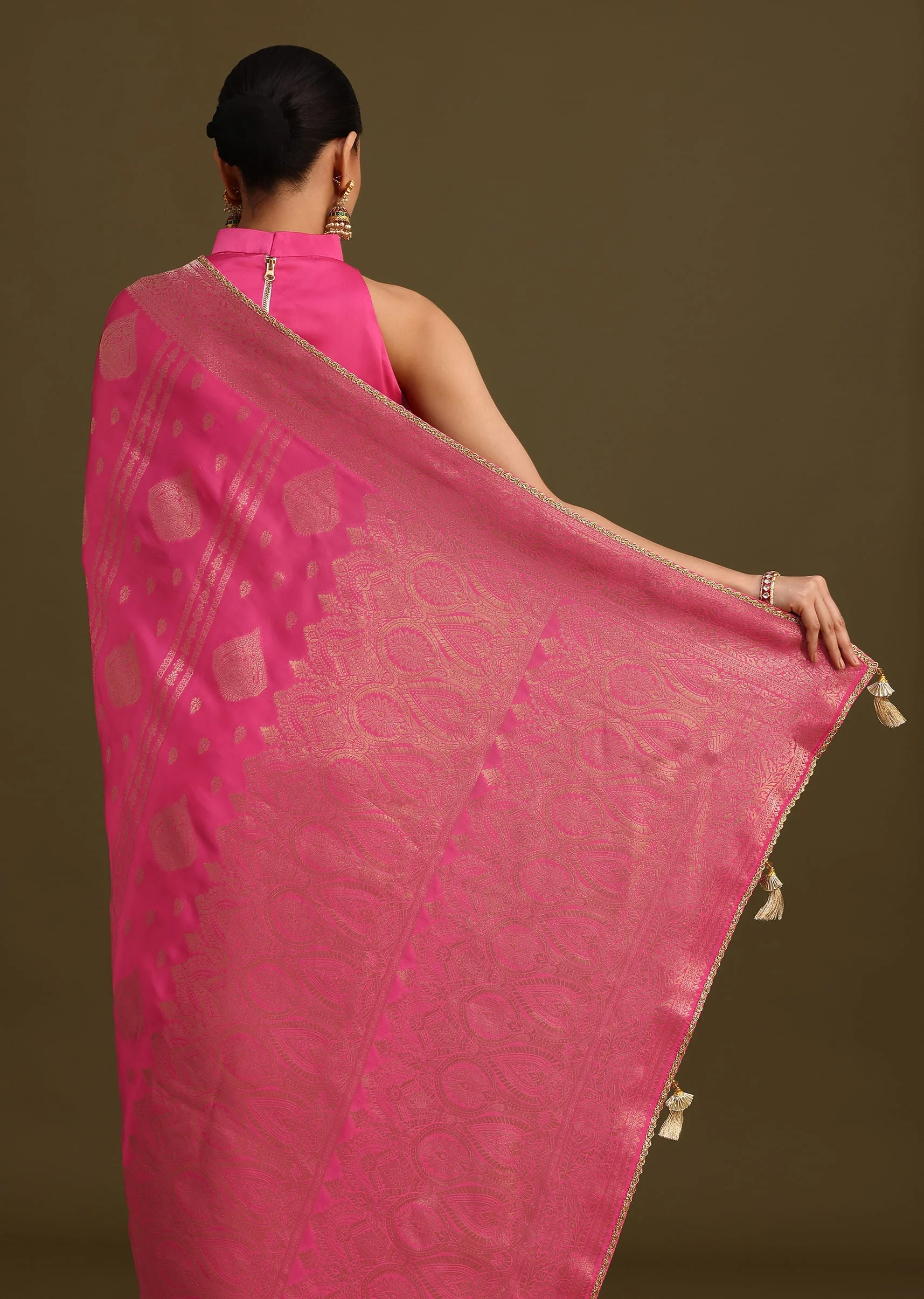 Pink Brocade Zari Weave Saree With Unstitched Blouse - Image 6