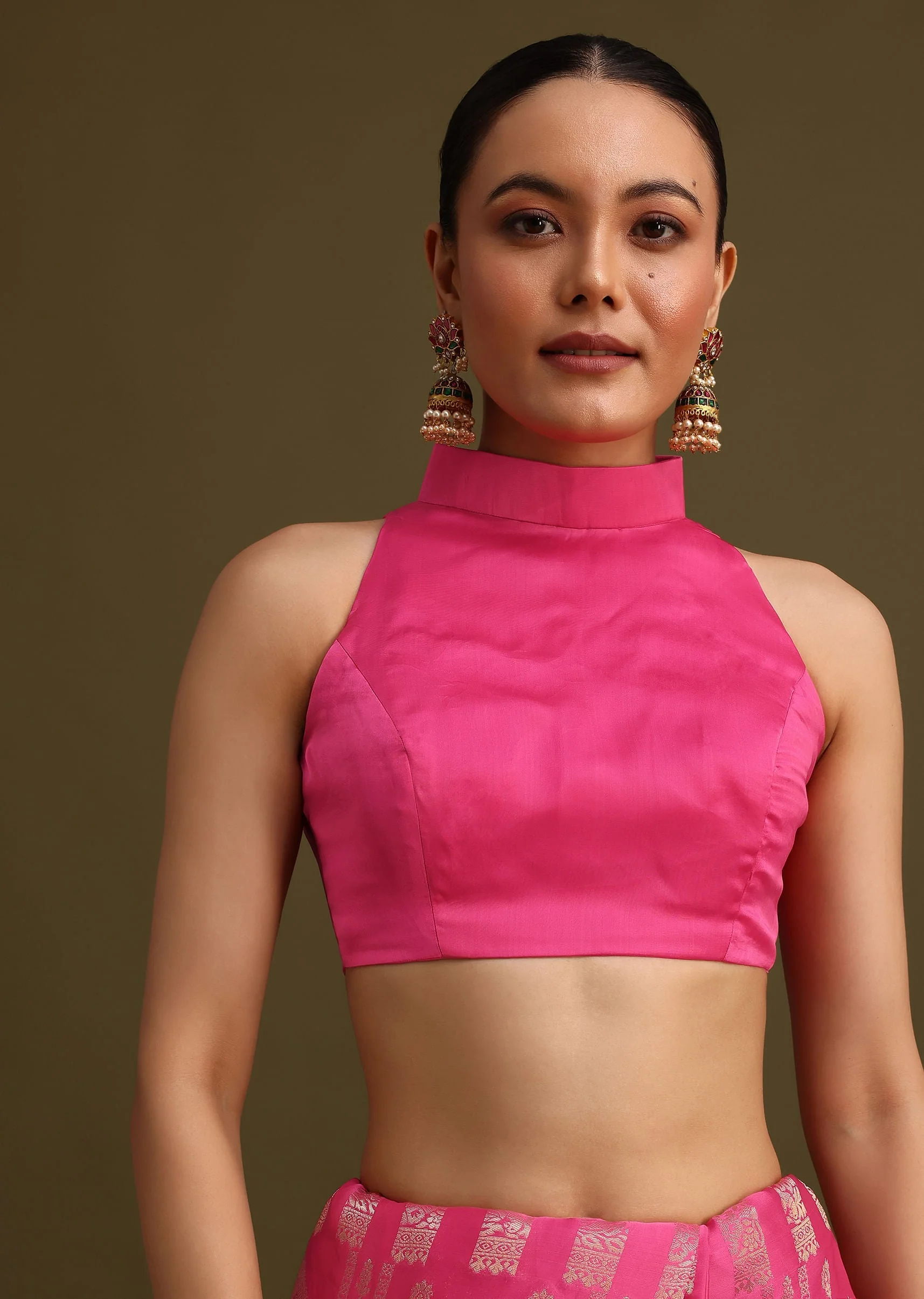 Pink Brocade Zari Weave Saree With Unstitched Blouse - Image 7