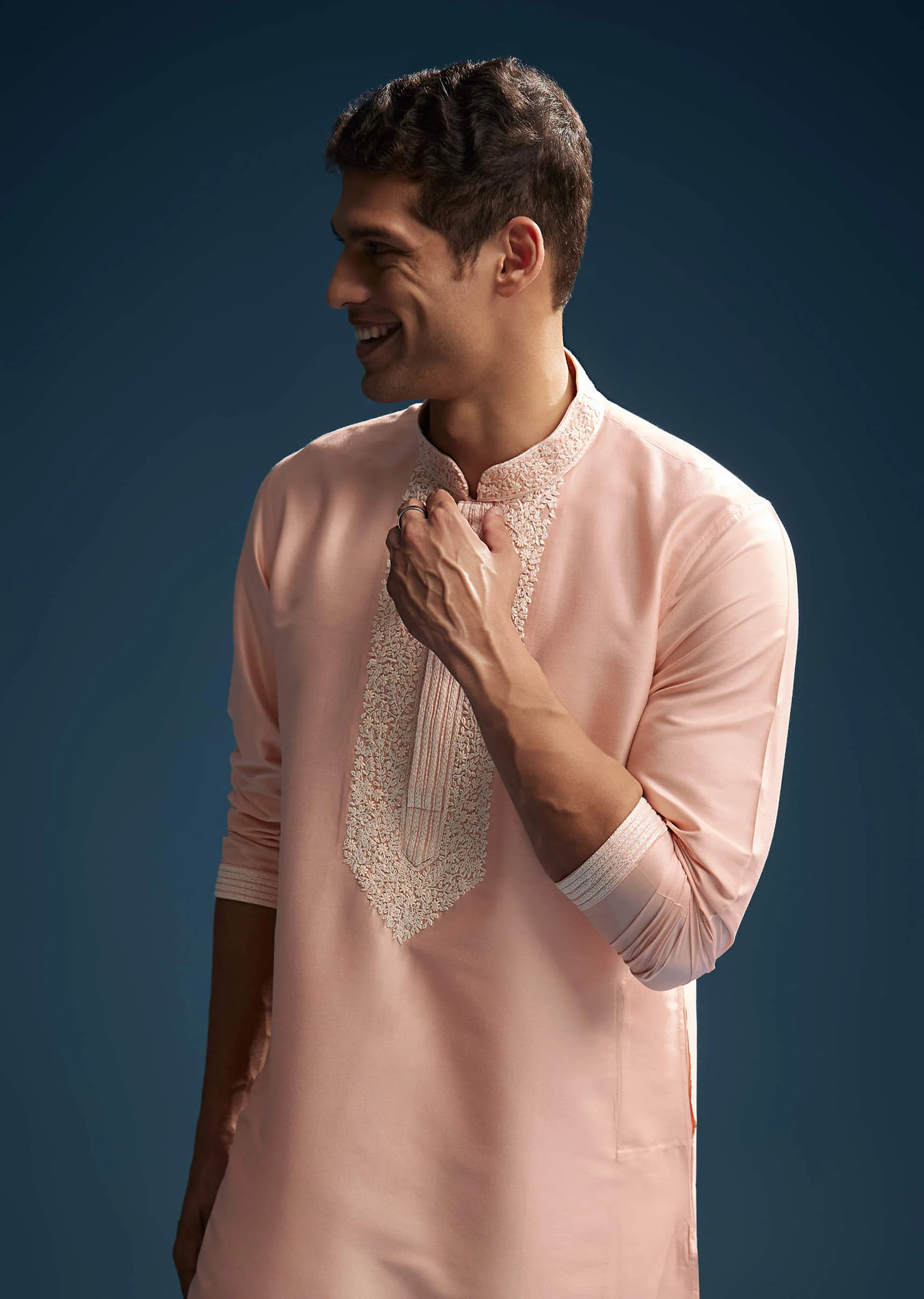 Pink Chanderi Kurta Set For Men With Kashmiri Hand Work - Image 3