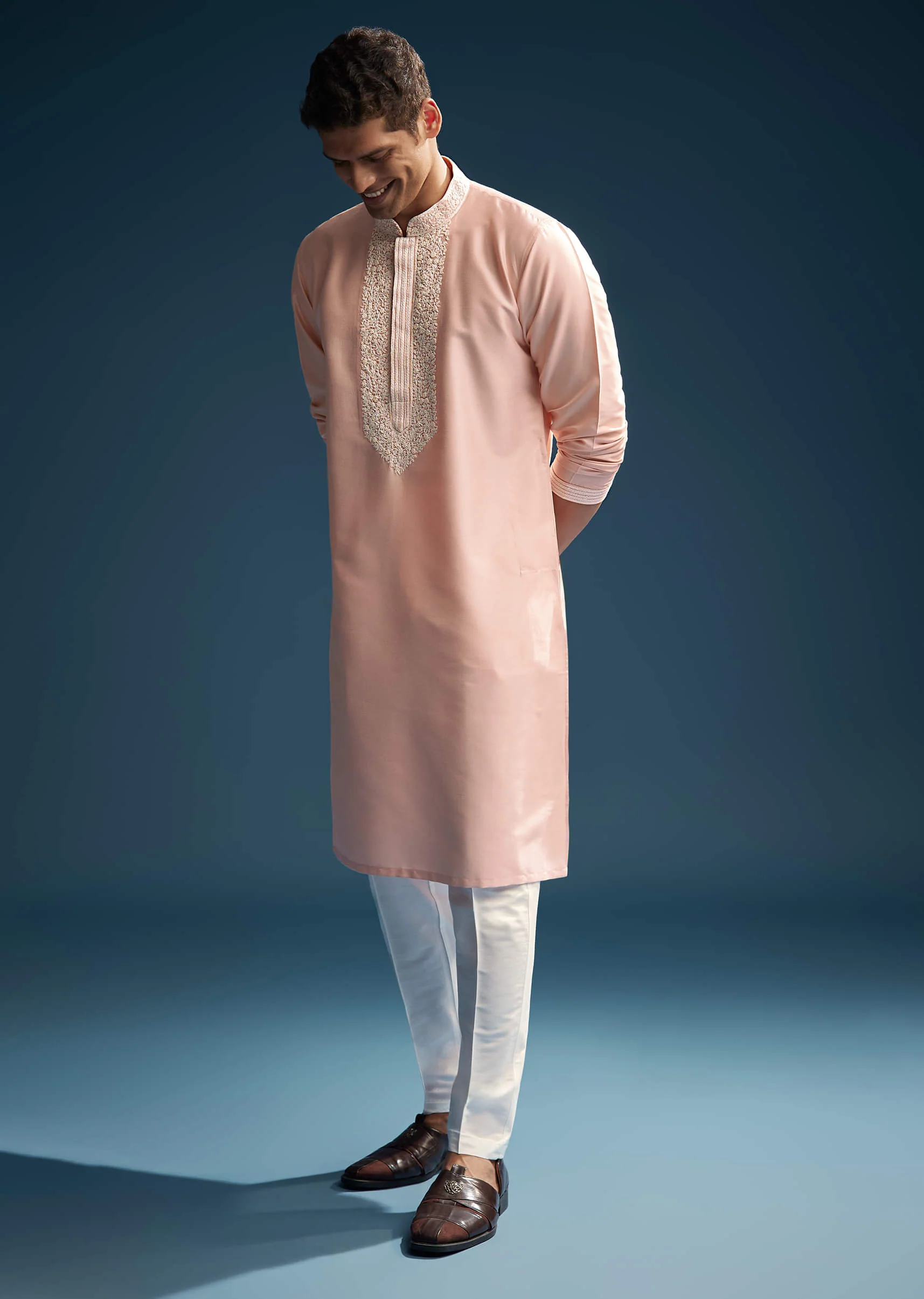 Pink Chanderi Kurta Set For Men With Kashmiri Hand Work - Image 4