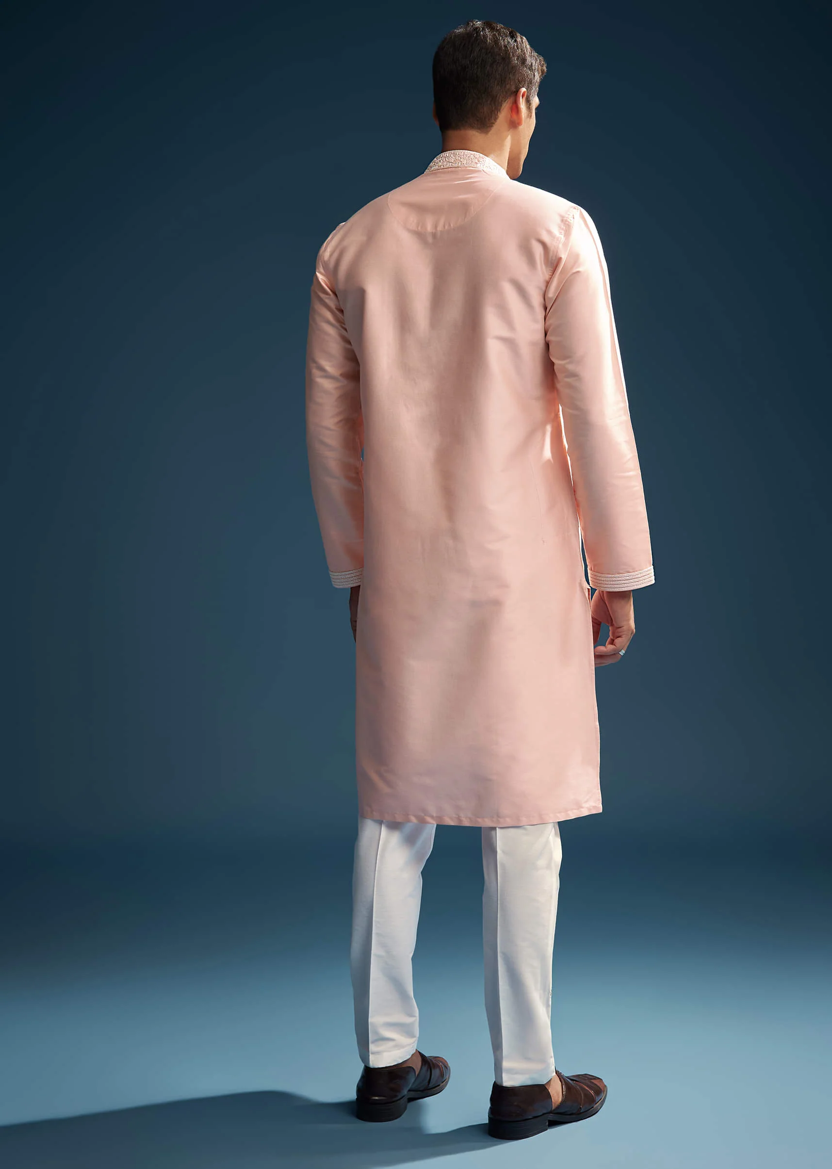 Pink Chanderi Kurta Set For Men With Kashmiri Hand Work - Image 5