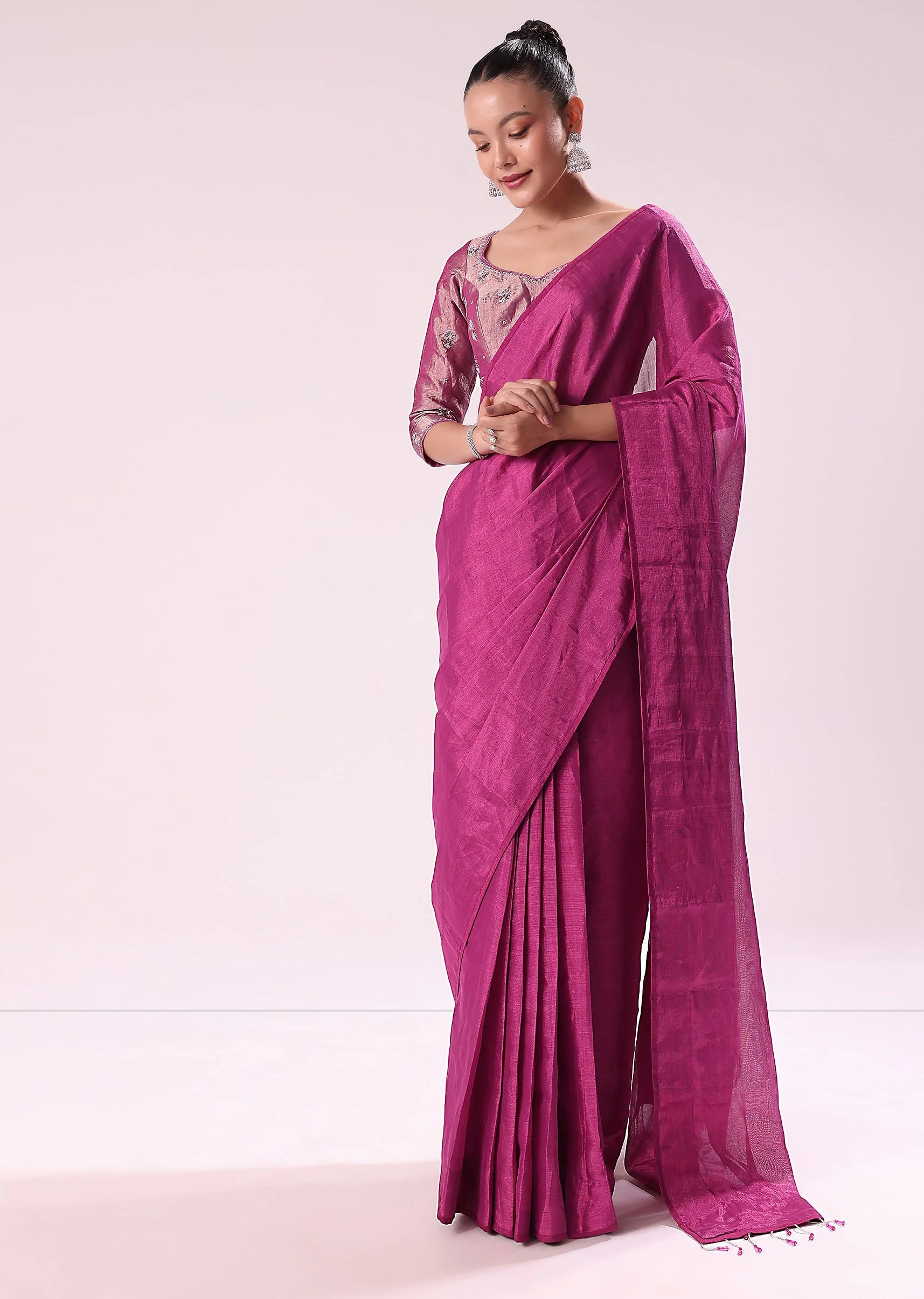 Pink Chanderi Tissue Saree With Silver Rani Tissue Stitched Blouse - Image 2