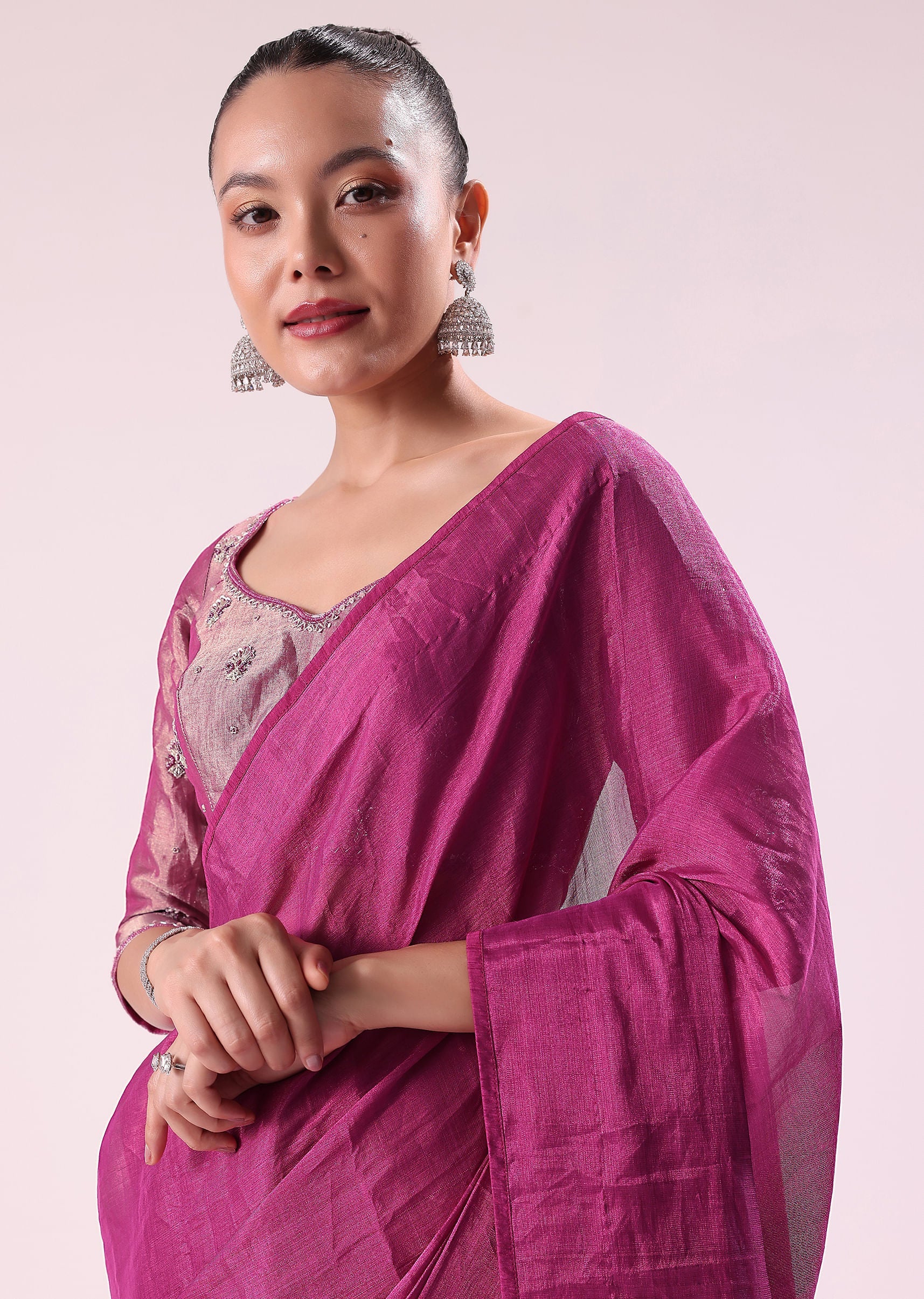 Pink Chanderi Tissue Saree With Silver Rani Tissue Stitched Blouse - Image 3