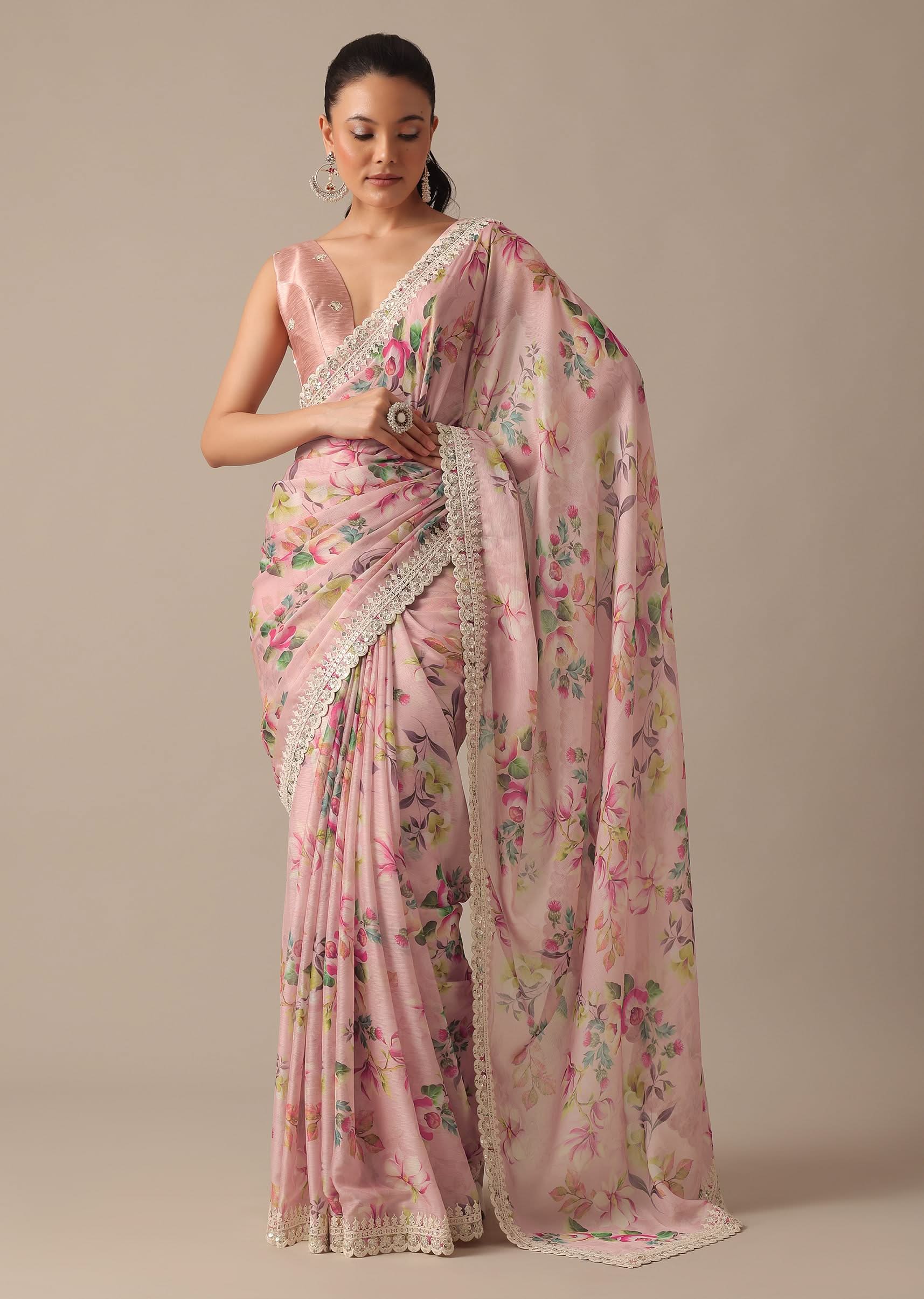 Pink Chiffon Saree With Floral Prints And Unstitched Blouse Piece - Image 3
