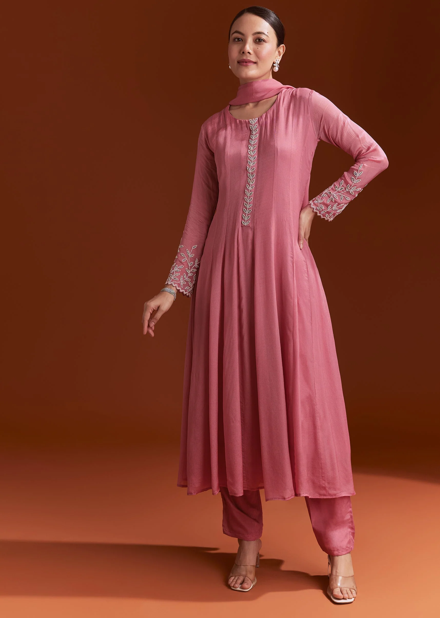 Pink Chinon Anarkali Suit With Moti And Stone Work - Image 4