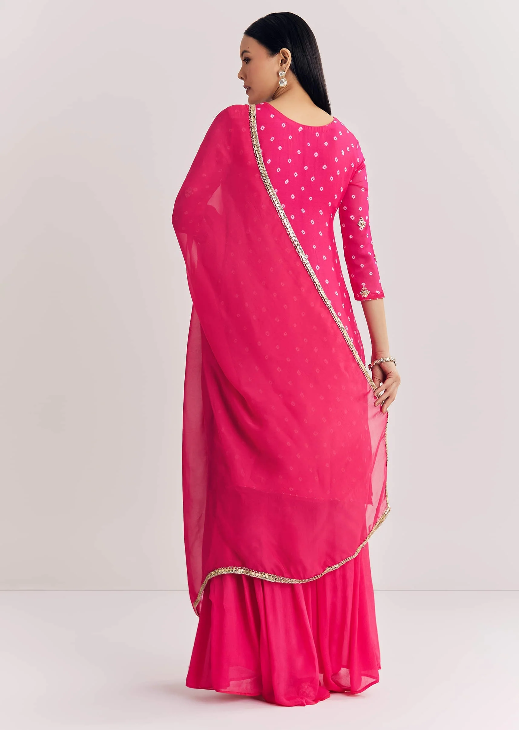 Pink Chinon Asymmetrical Kurta Sharara Suit With Embroidery - Image 5