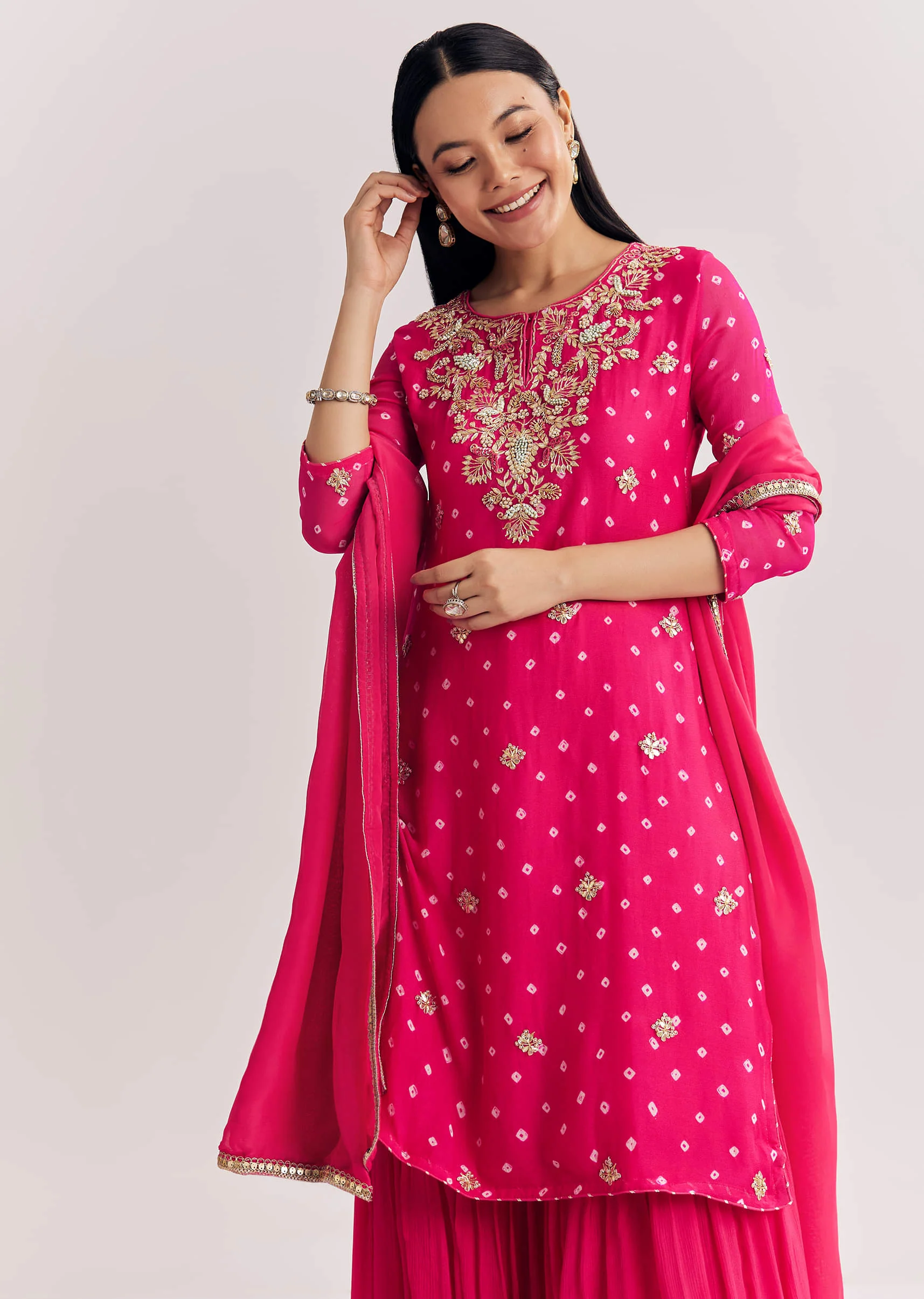 Pink Chinon Asymmetrical Kurta Sharara Suit With Embroidery - Image 7