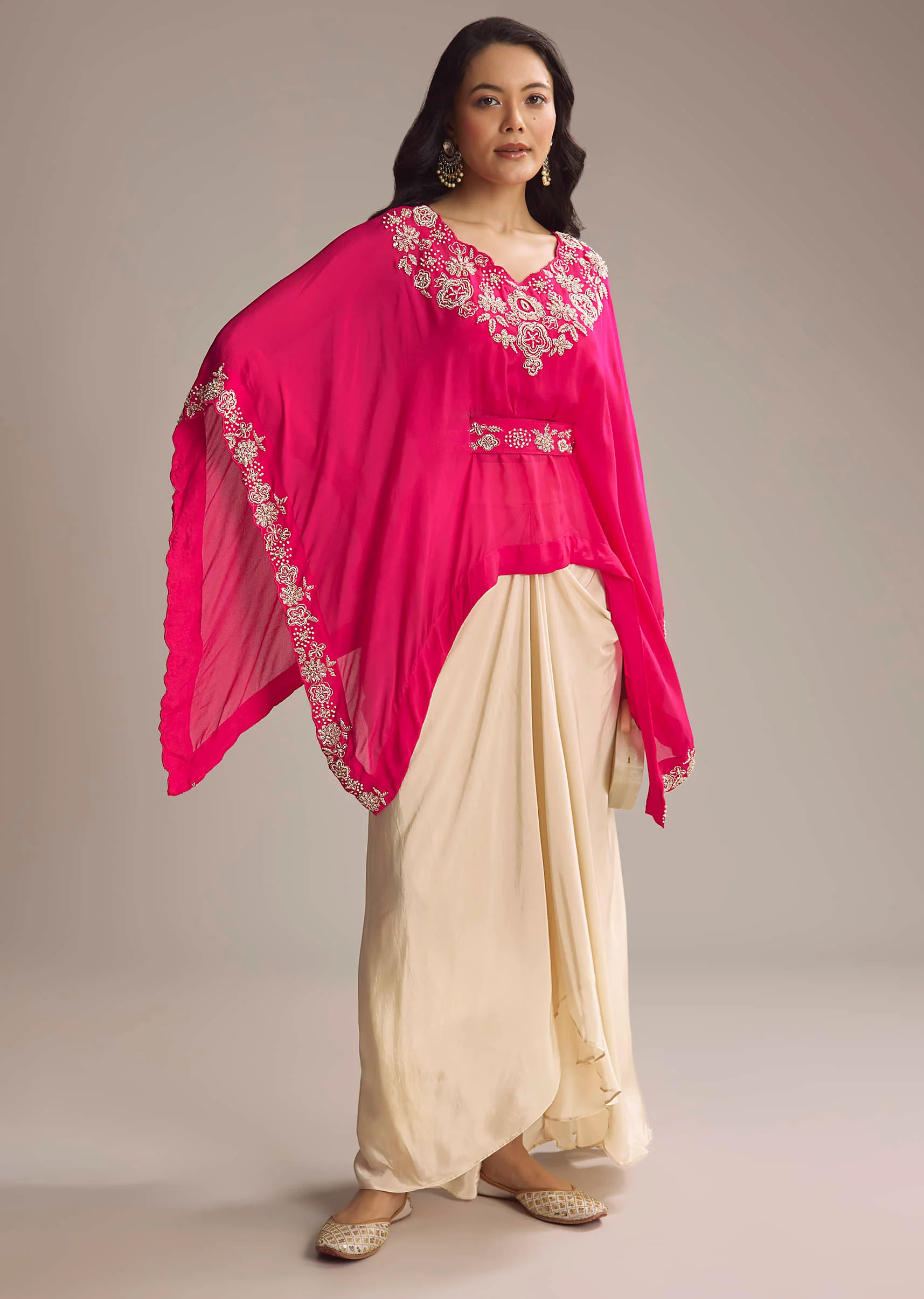 Pink Chinon Crop Top And Drape Skirt With Sequins And Moti Work - Image 6