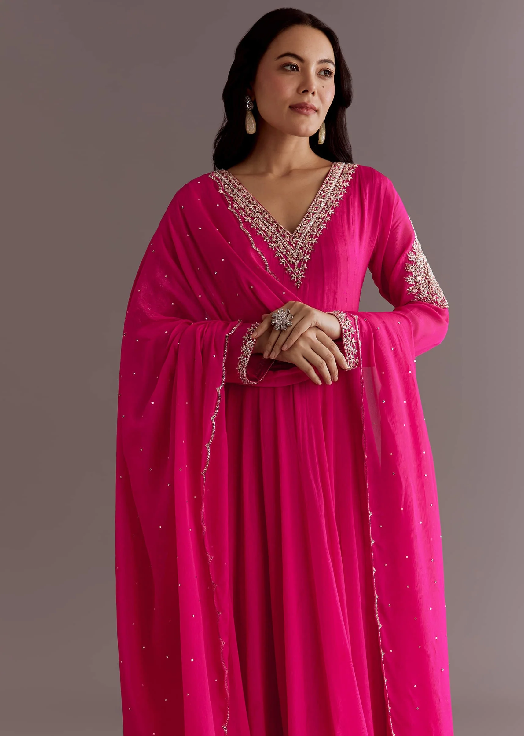 Pink Chinon Cutdana Embroidered Anarkali Dupatta Suit - Image 3