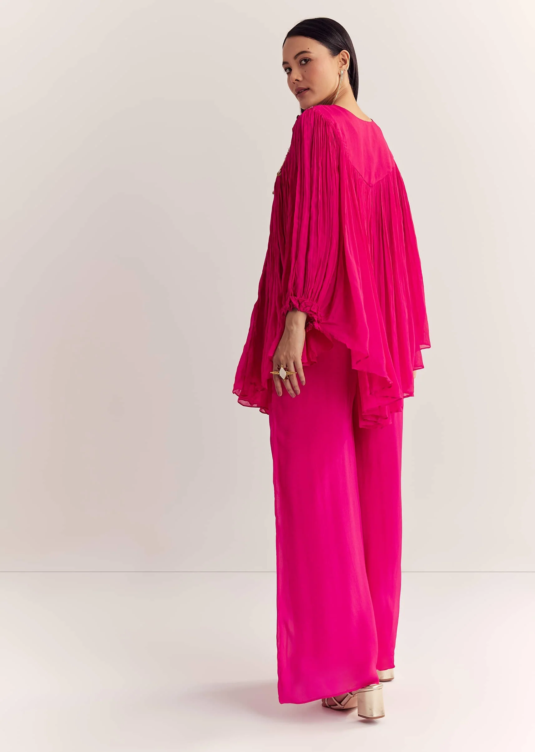 Pink Chinon Kaftan Kurta Set With Zardosi And Thread Work - Image 5