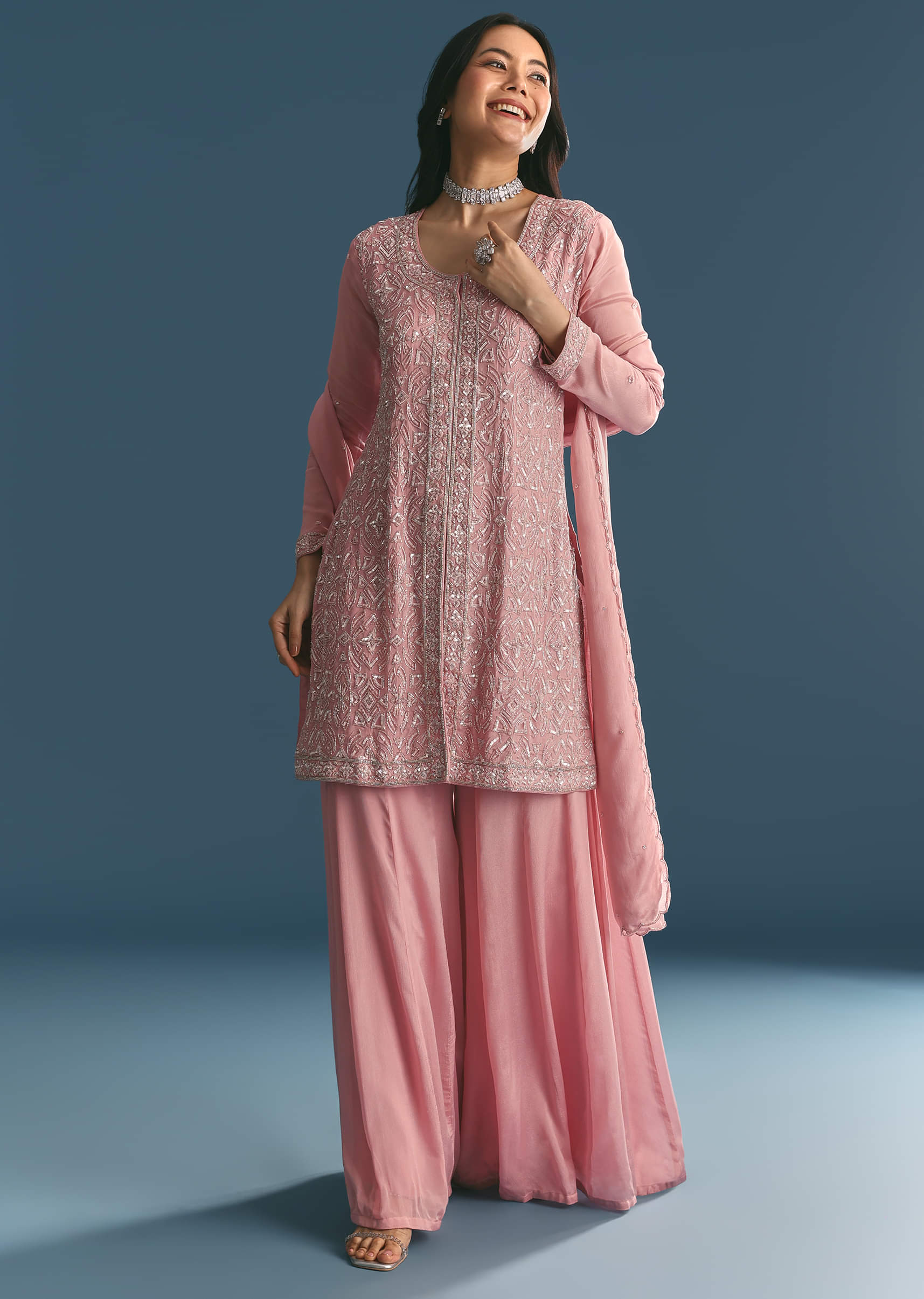 Pink Chinon Kurta Palazzo Suit With Cutdana And Sequins - Image 2
