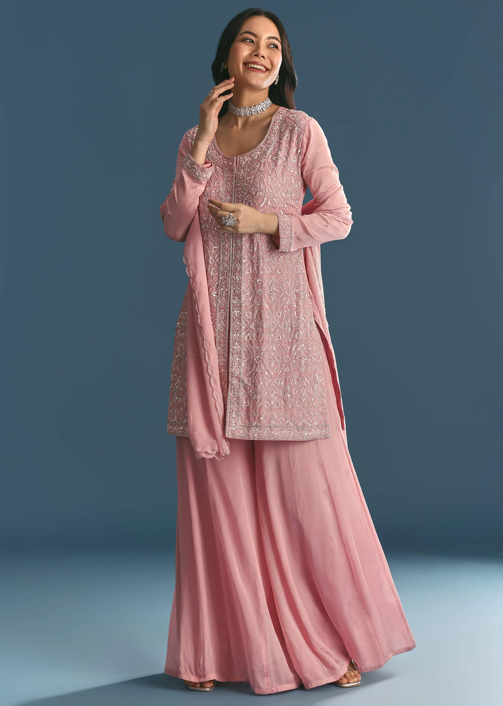 Pink Chinon Kurta Palazzo Suit With Cutdana And Sequins - Image 4