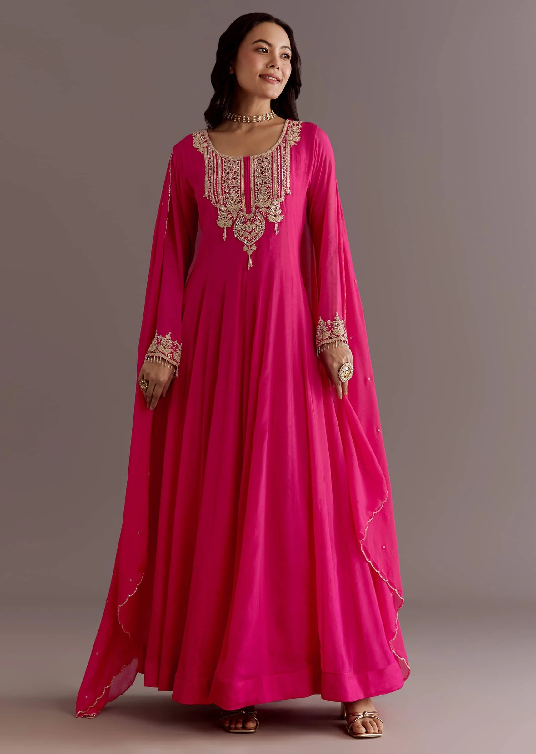 Pink Chinon Thread Sequin Embroidered Anarkali Dupatta Suit - Image 2