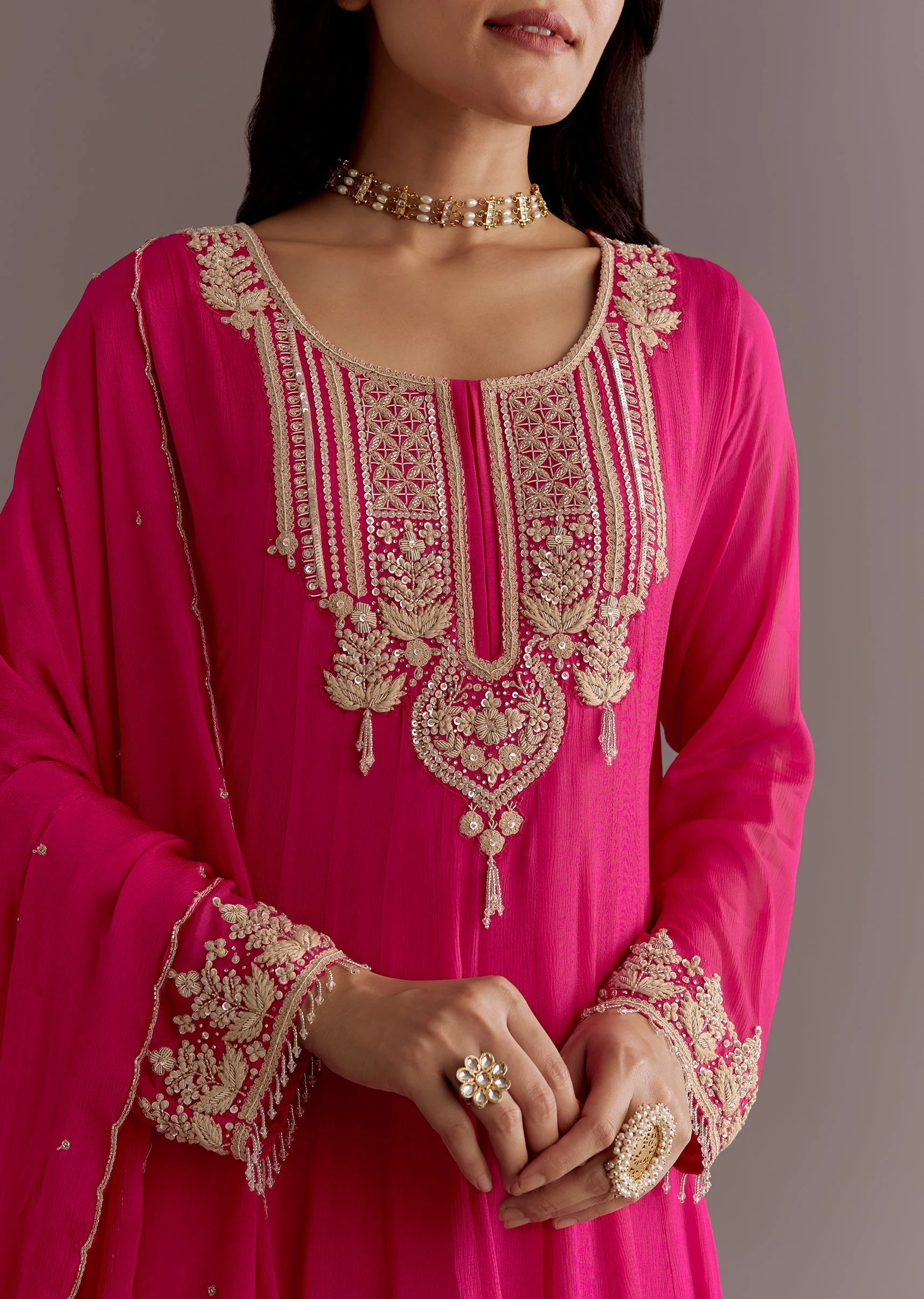 Pink Chinon Thread Sequin Embroidered Anarkali Dupatta Suit - Image 3